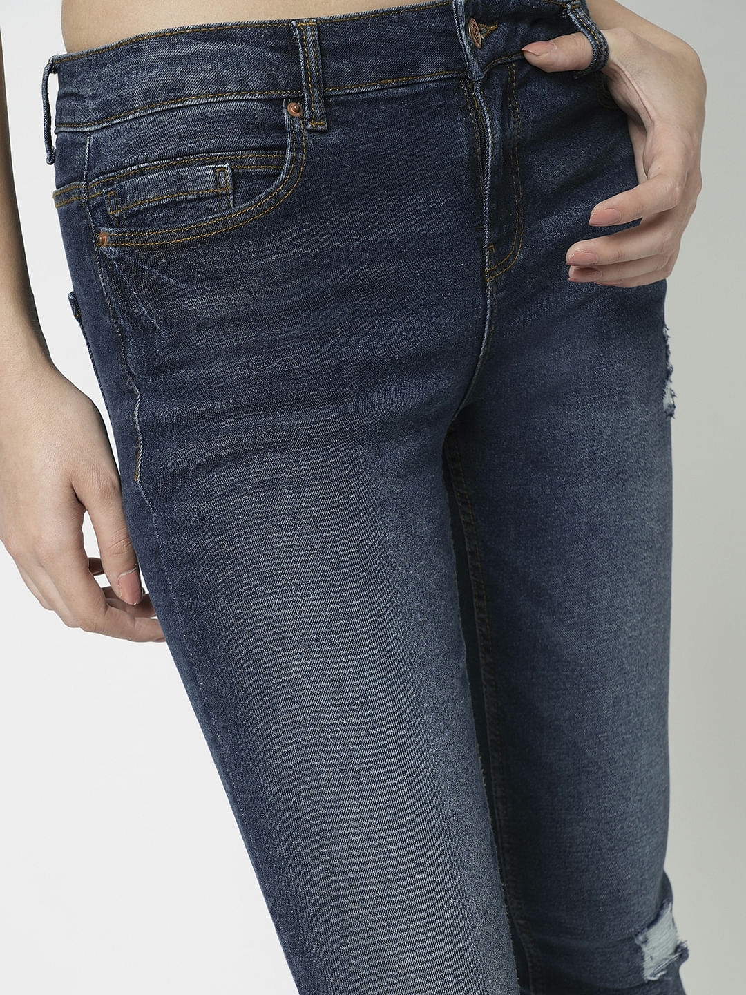 I.Scenery By Vero Moda Dark Blue Mid Rise Distressed Wendy Skinny Jeans