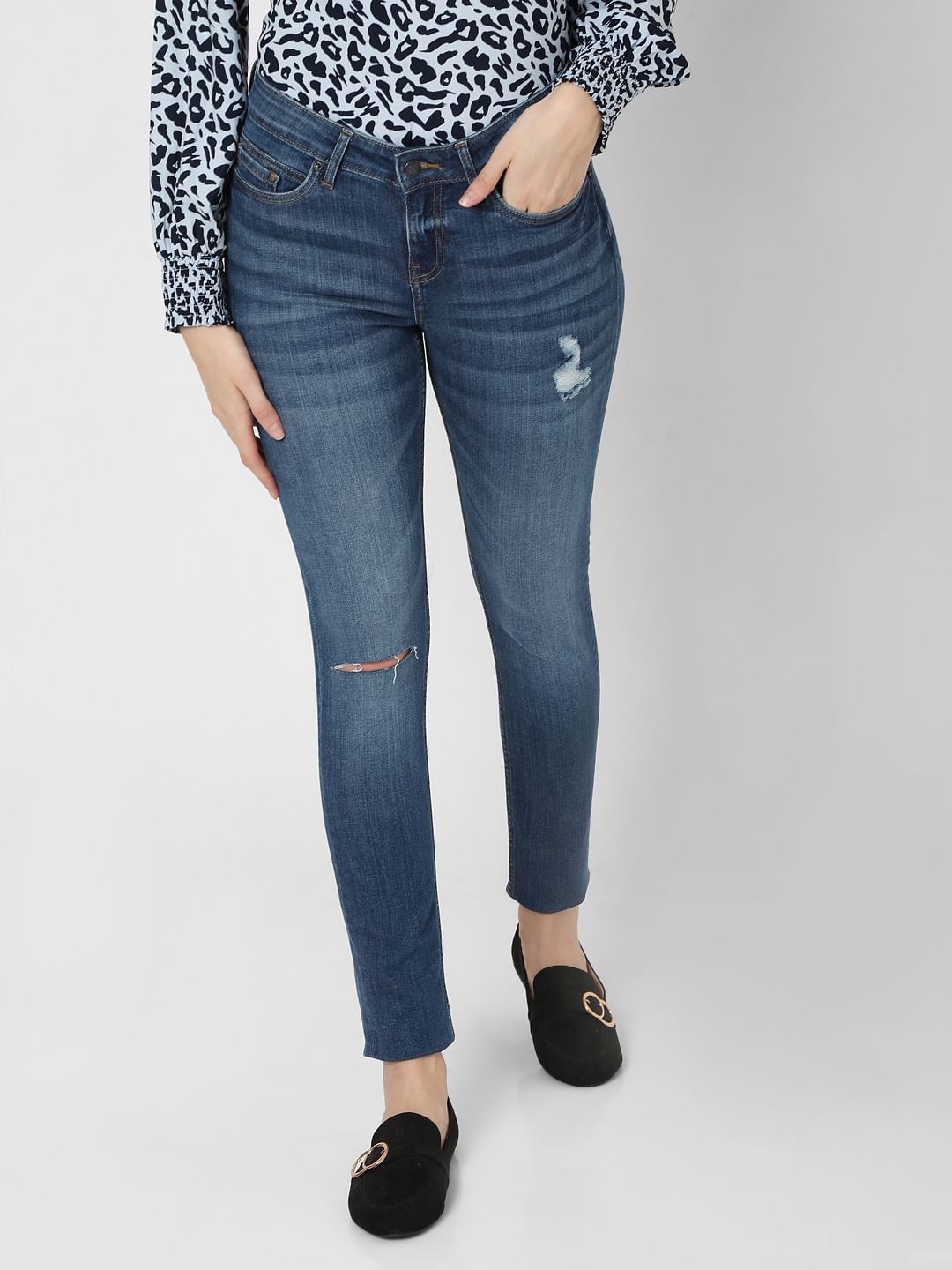 Blue Mid Rise Ripped Skinny Jeans