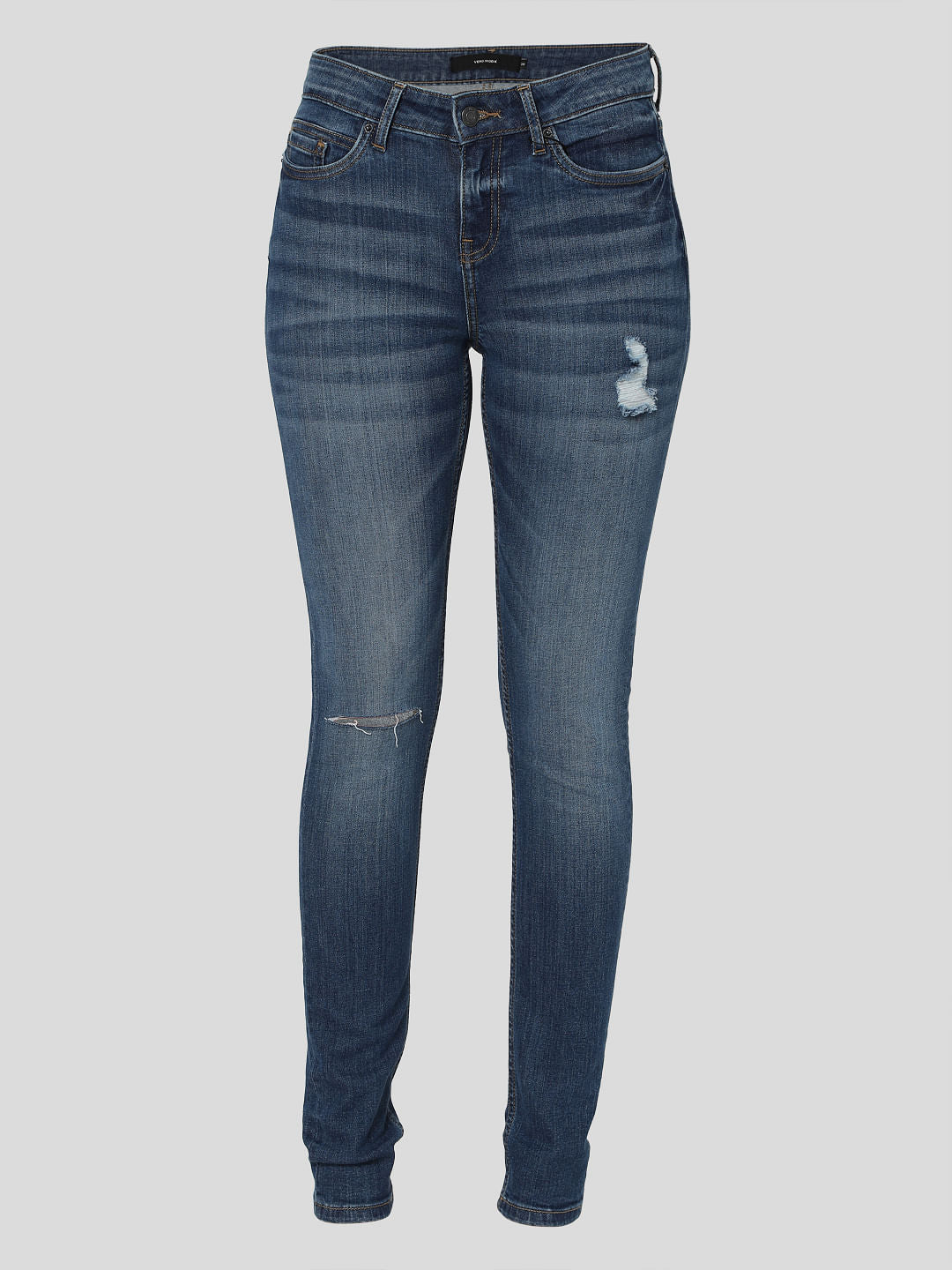 Blue Mid Rise Ripped Skinny Jeans