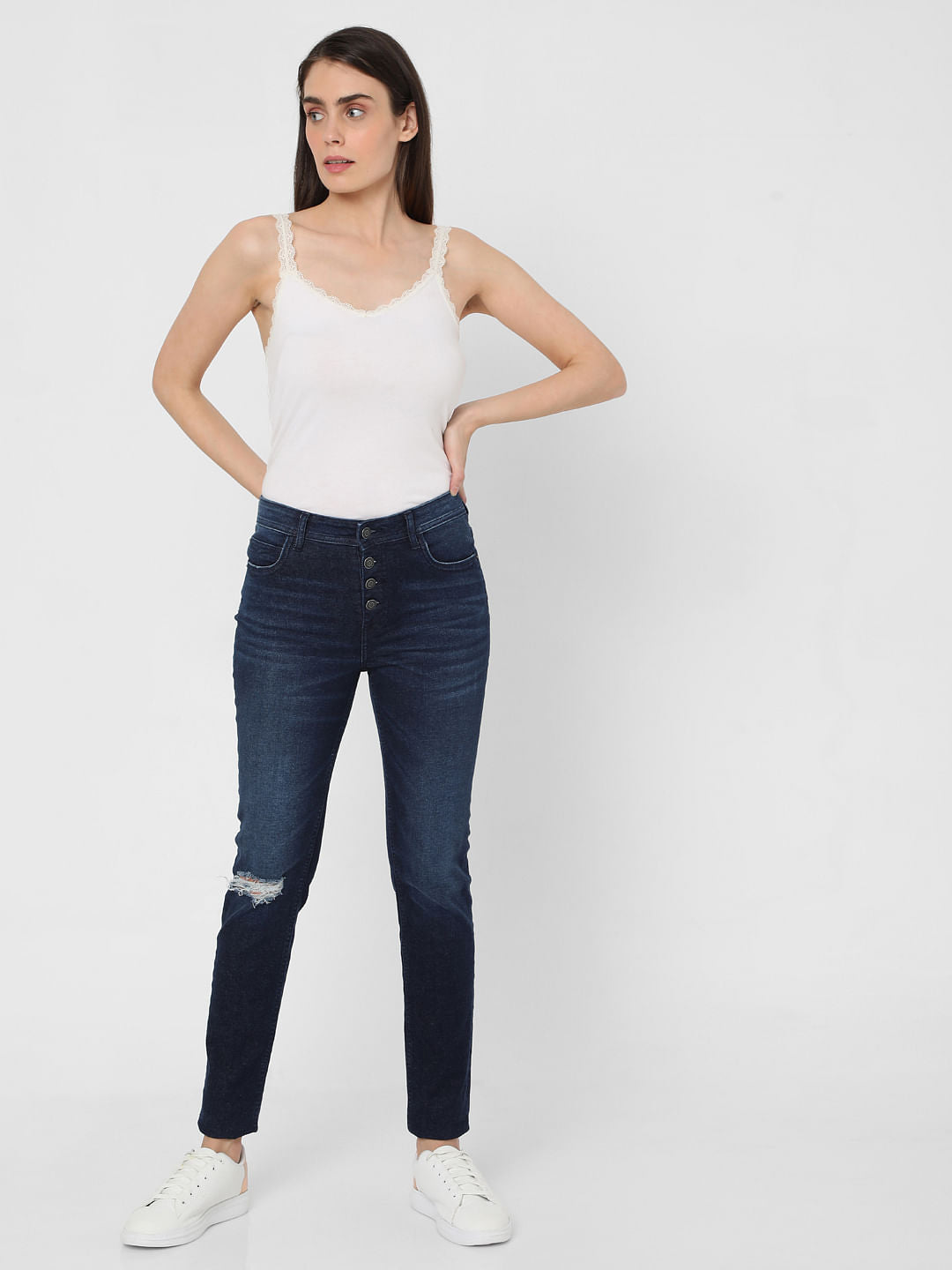 Dark Blue Mid Rise Ripped Skinny Jeans
