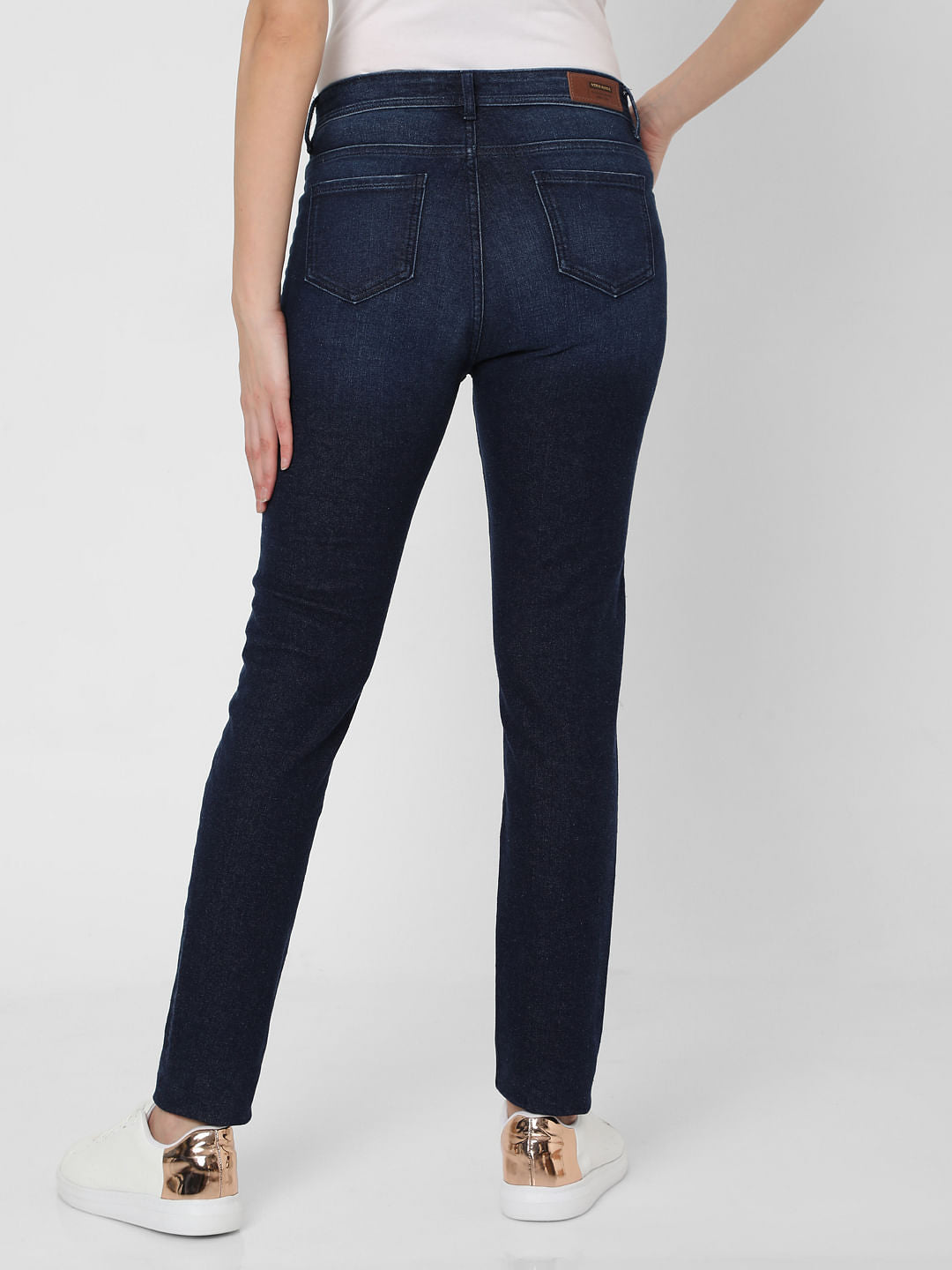 Dark Blue Mid Rise Ripped Skinny Jeans