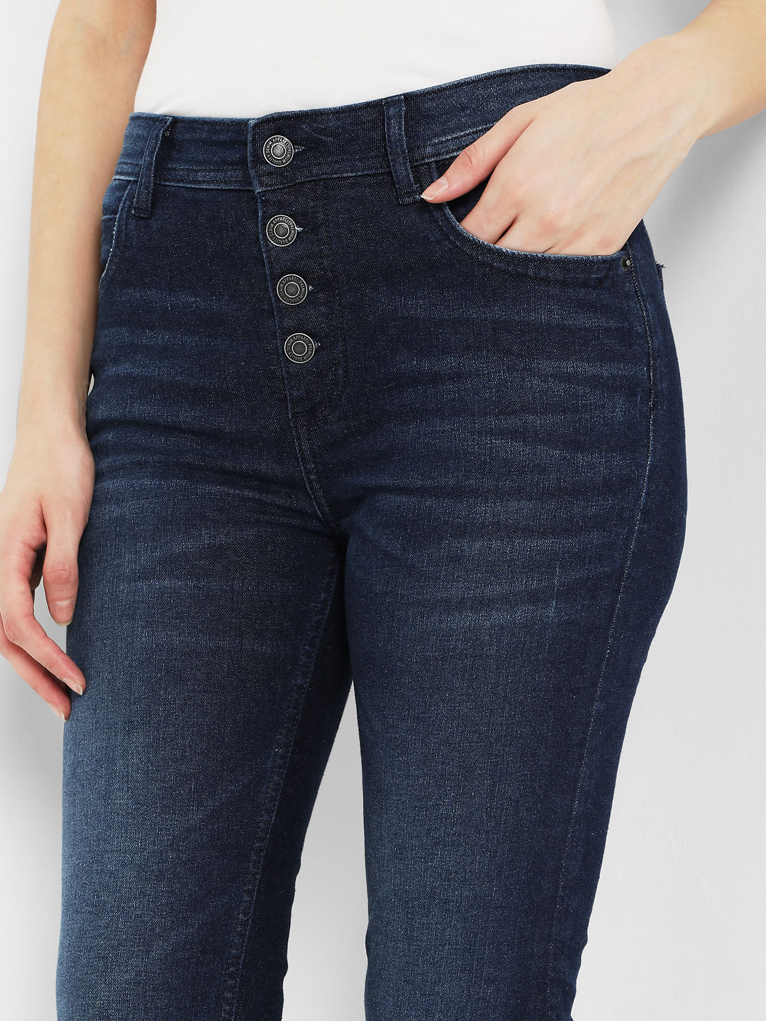 Dark Blue Mid Rise Ripped Skinny Jeans