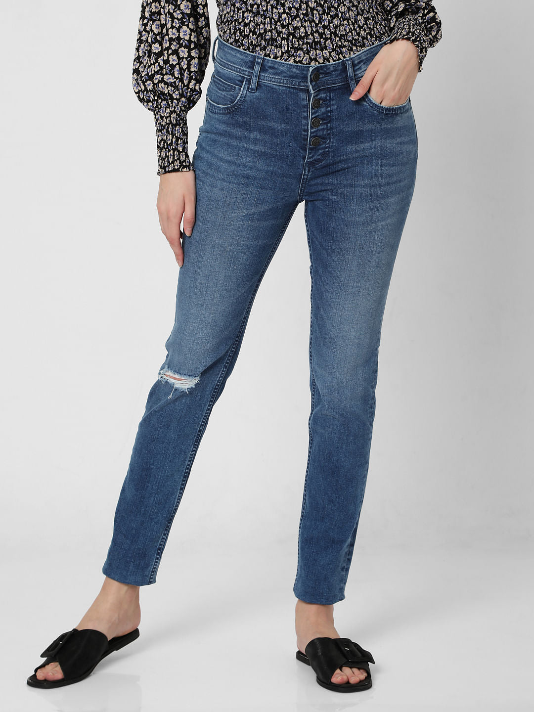 Blue Mid Rise Ripped Skinny Jeans