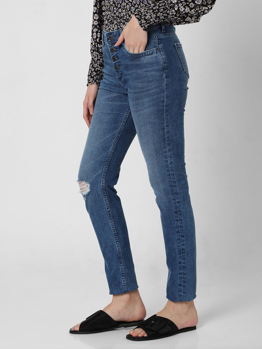 Blue Mid Rise Ripped Skinny Jeans