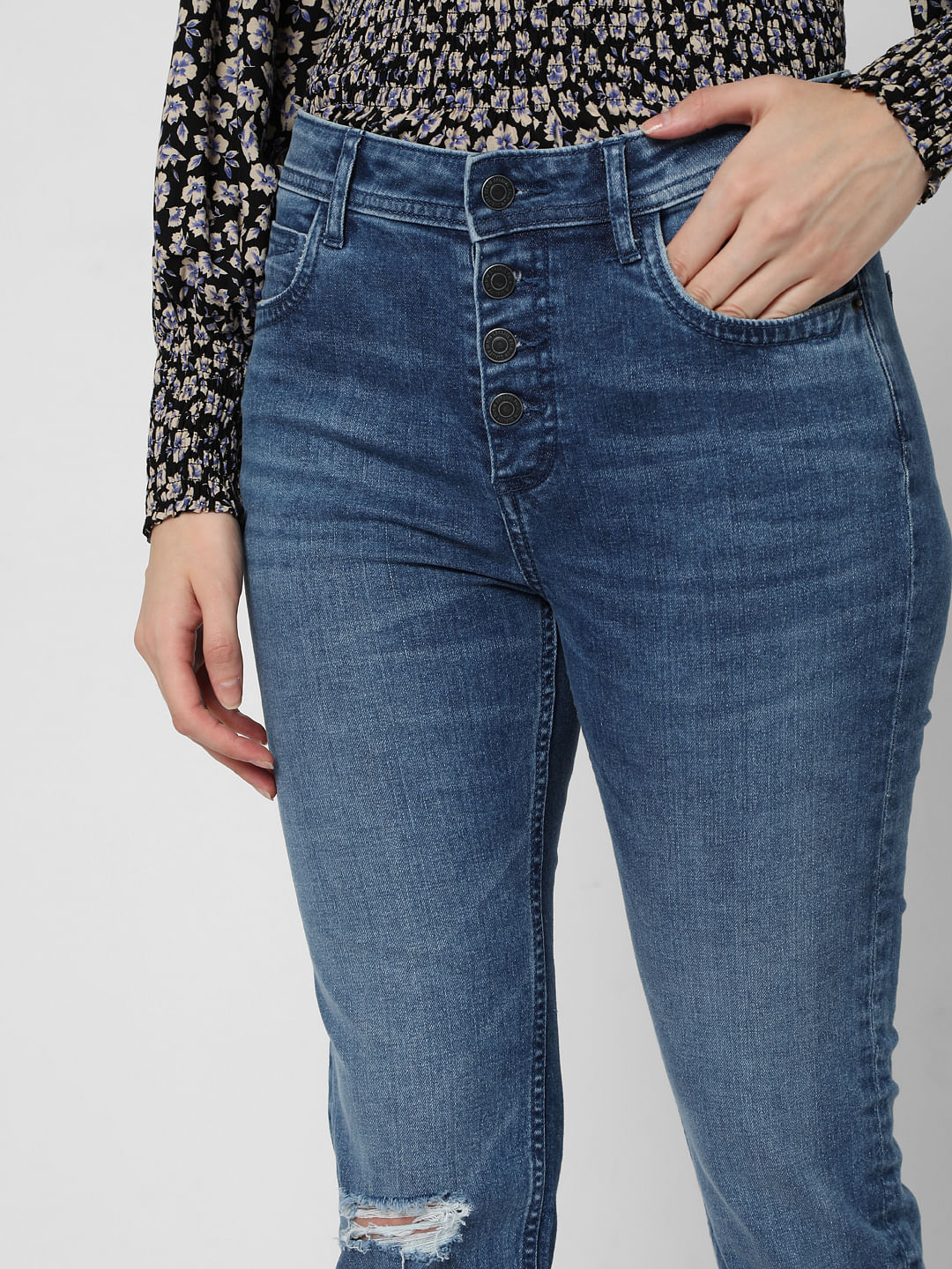 Blue Mid Rise Ripped Skinny Jeans