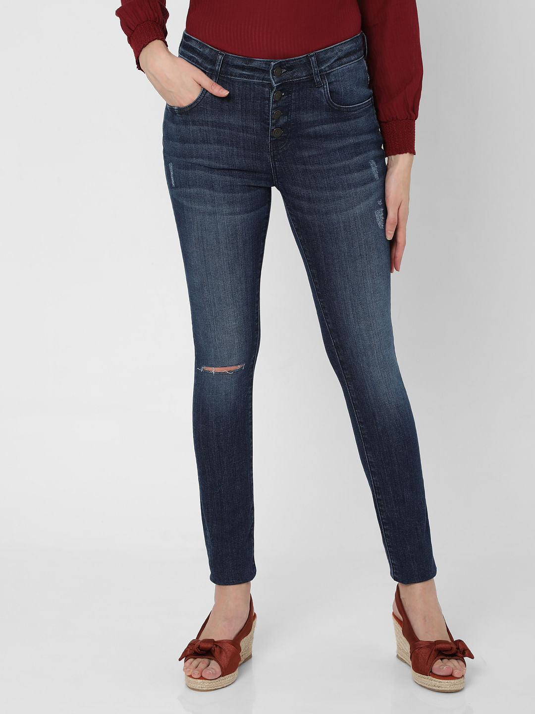 Blue High Rise Ripped Skinny Jeans