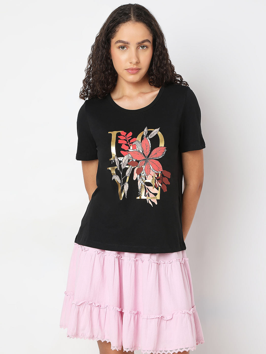 Black Round Neck Printed T-Shirt