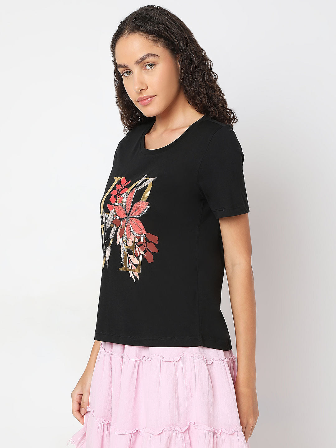 Black Round Neck Printed T-Shirt
