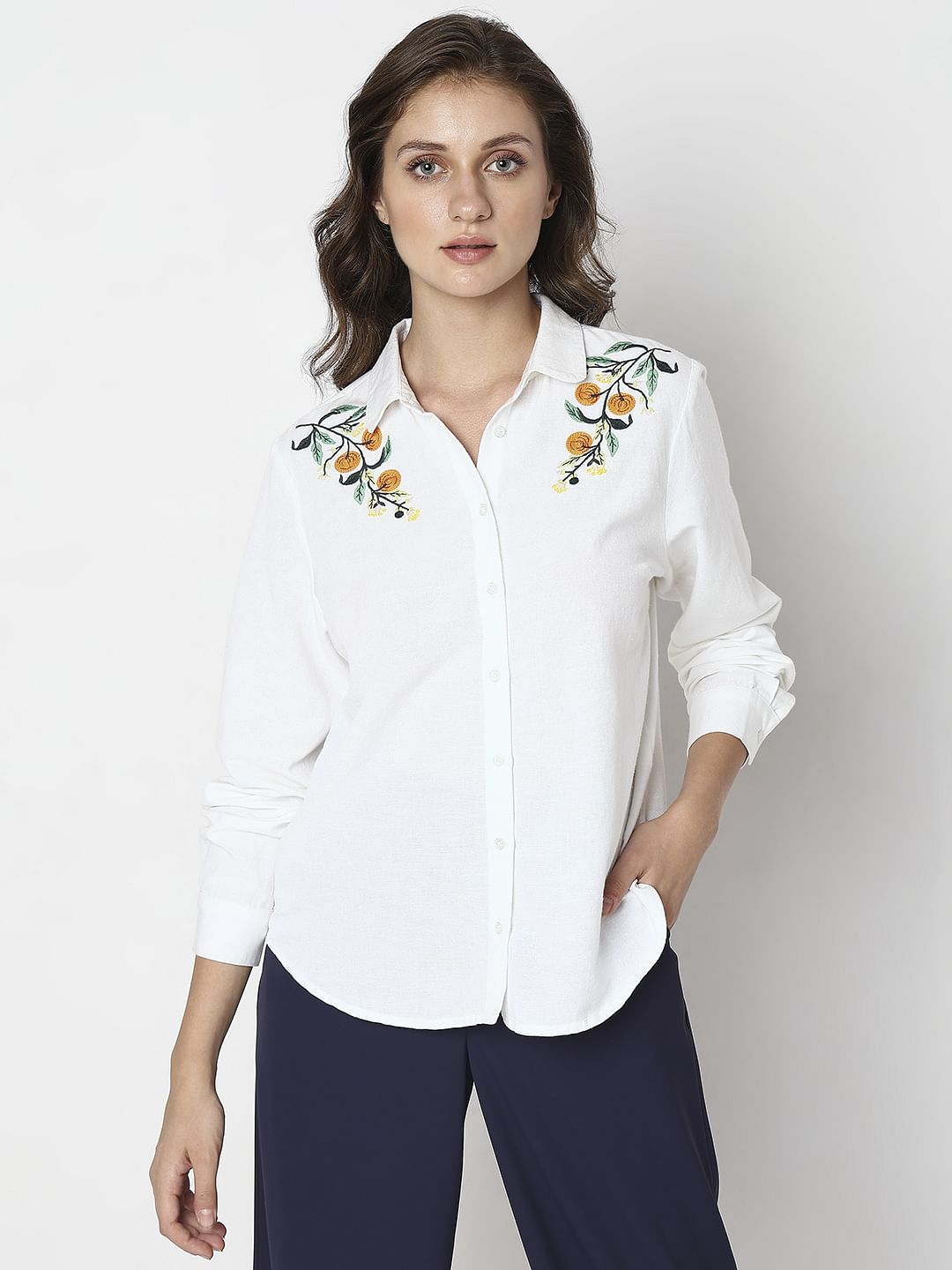 White Floral Embroidered Shirt
