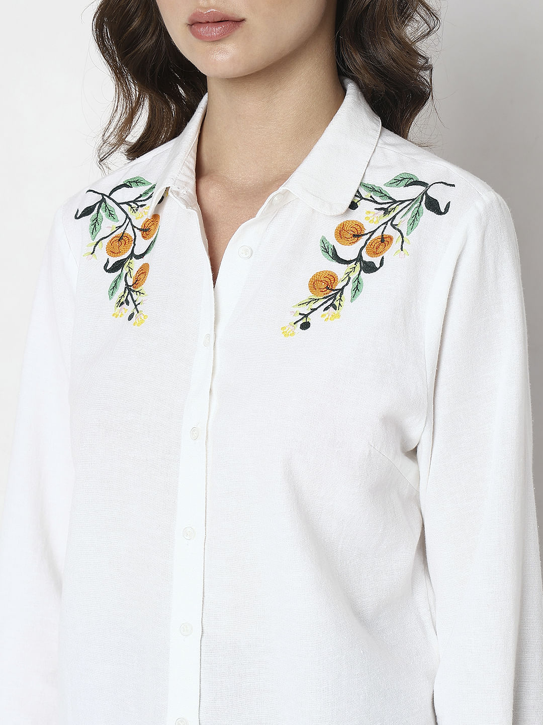 White Floral Embroidered Shirt