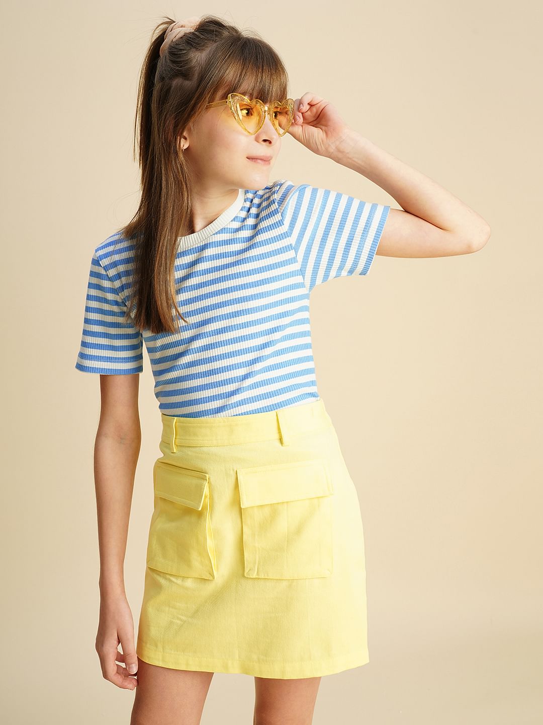 Girls Blue Striped Ribbed Top