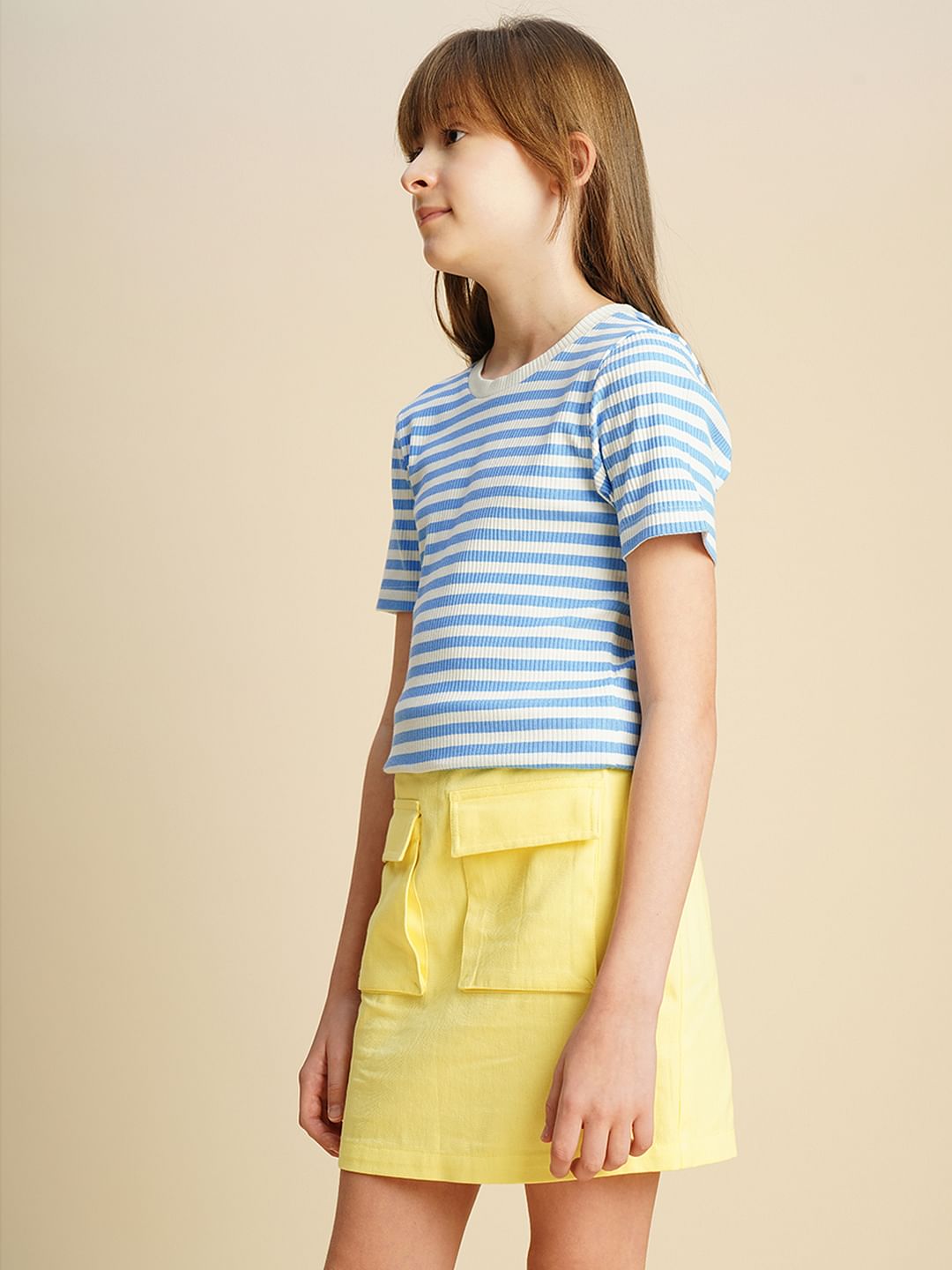 Girls Blue Striped Ribbed Top