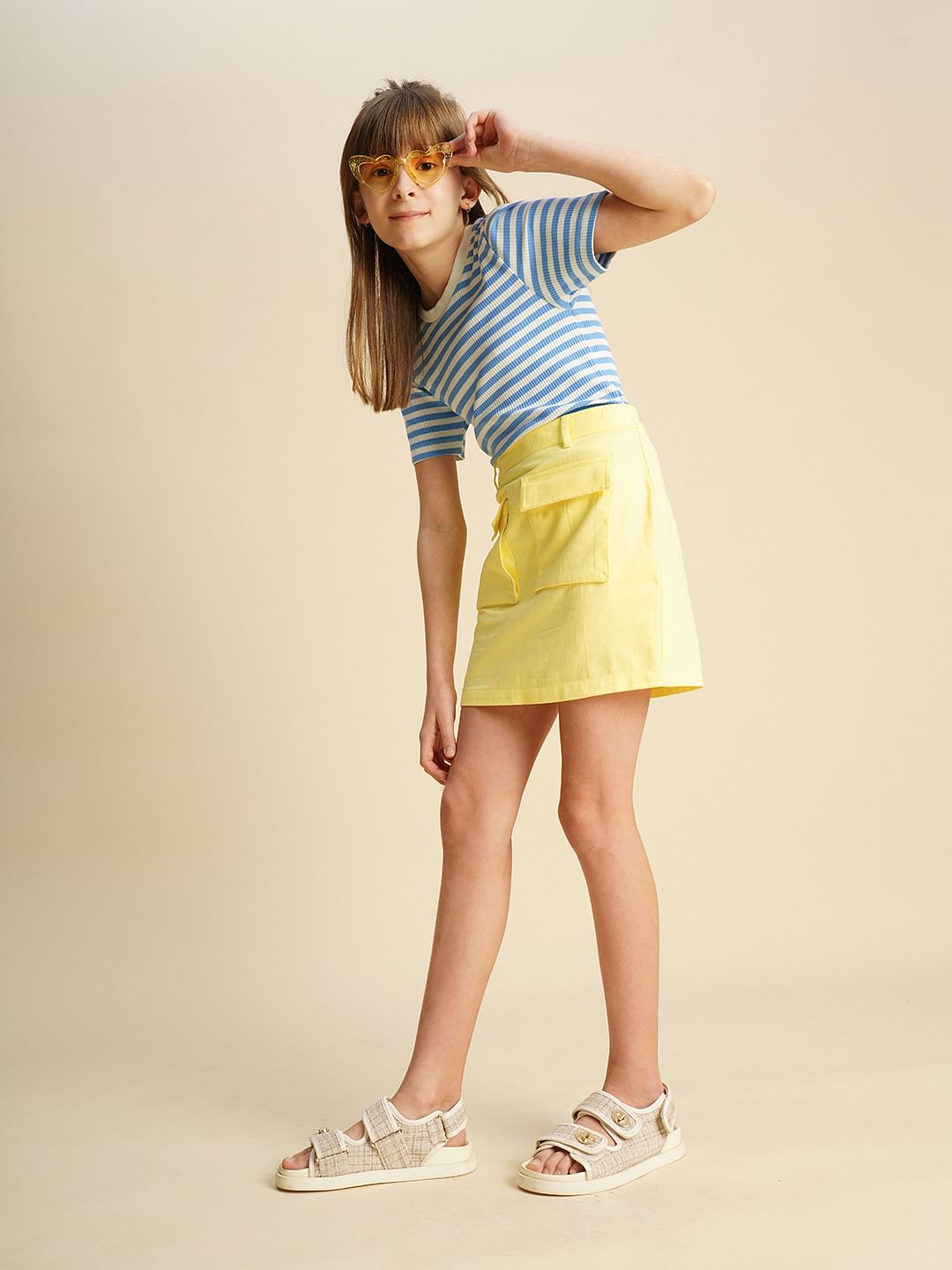 Girls Blue Striped Ribbed Top