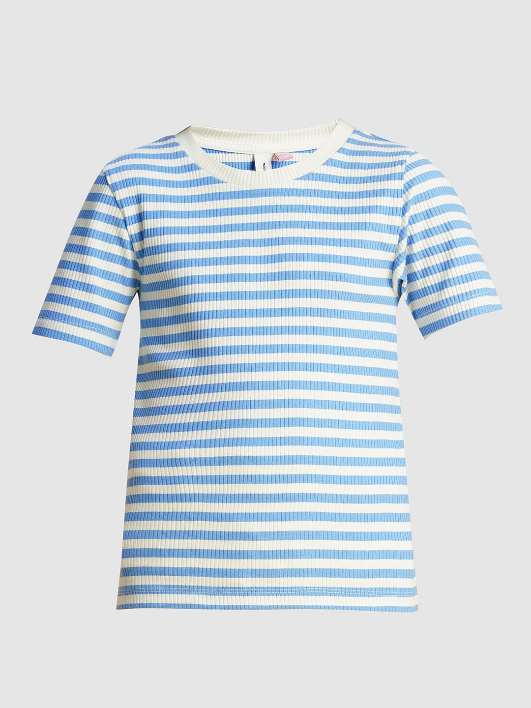 Girls Blue Striped Ribbed Top