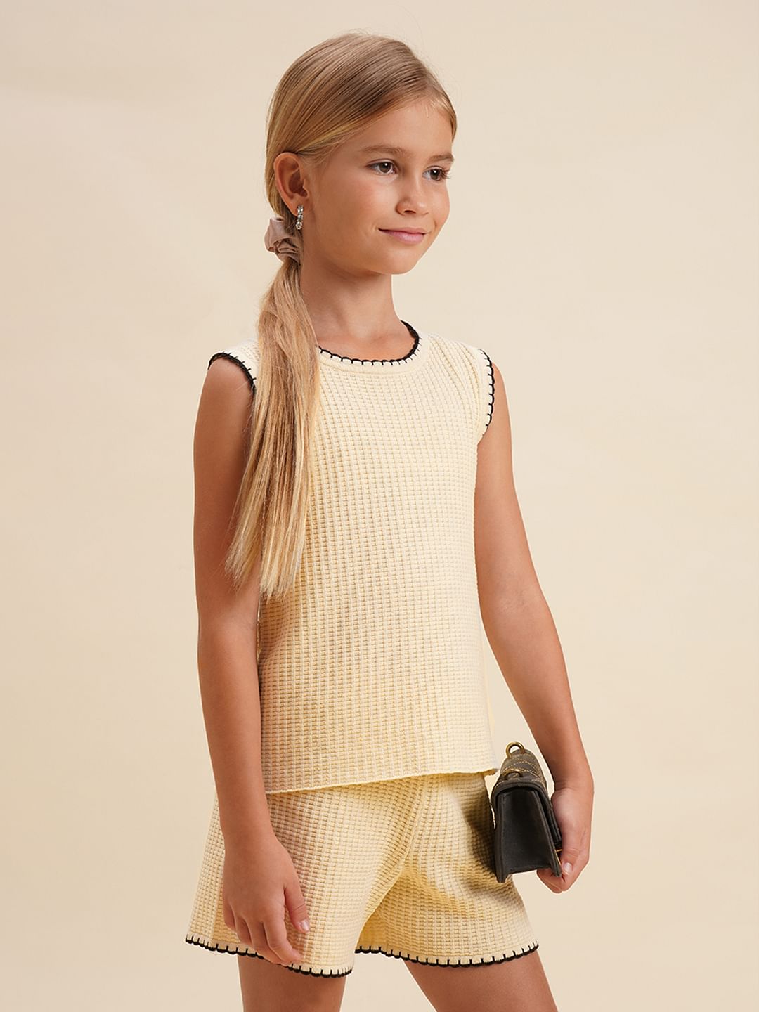 Girls Beige O-Neck Co-Ord Set Top