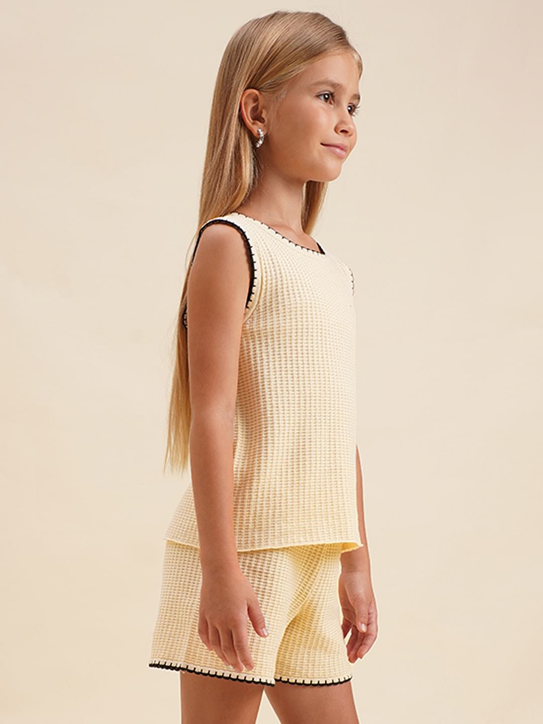 Girls Beige O-Neck Co-Ord Set Top