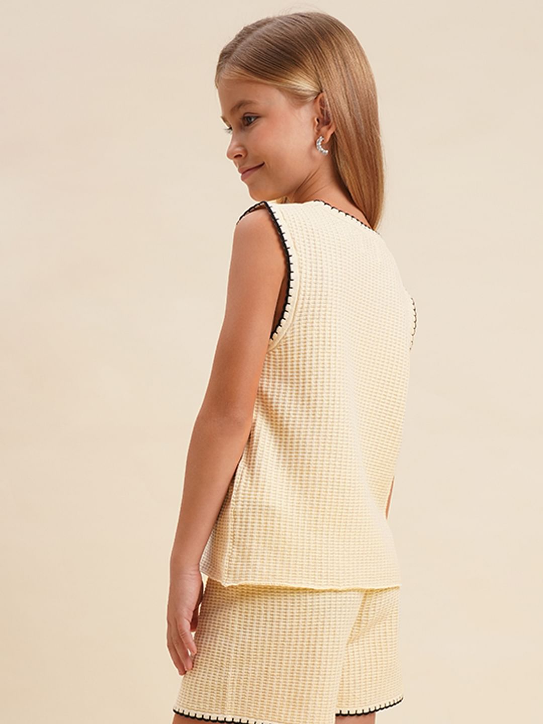 Girls Beige O-Neck Co-Ord Set Top