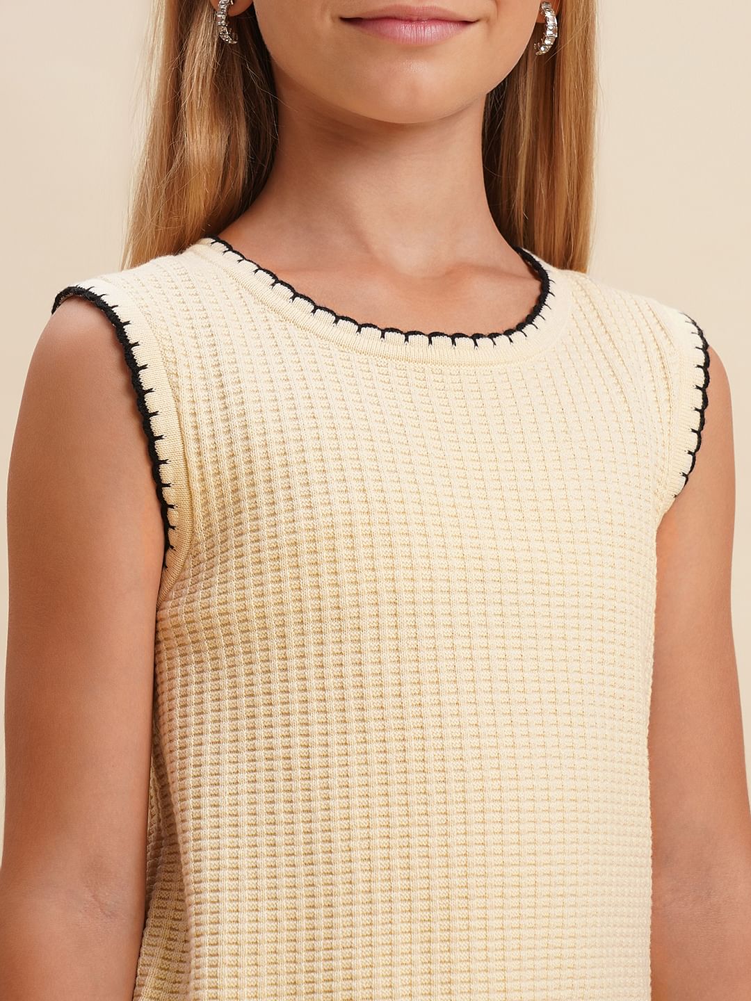 Girls Beige O-Neck Co-Ord Set Top