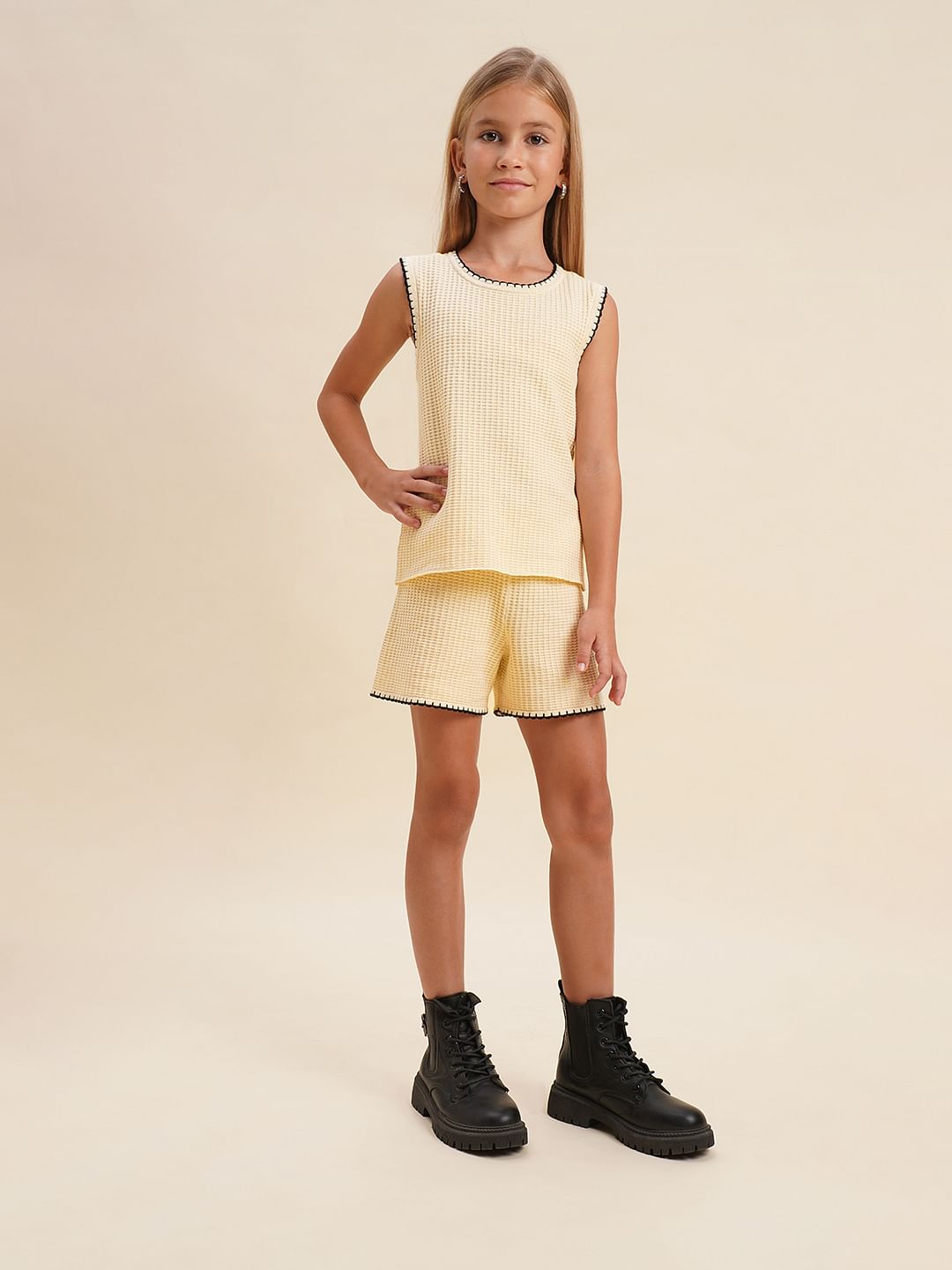 Girls Beige O-Neck Co-Ord Set Top