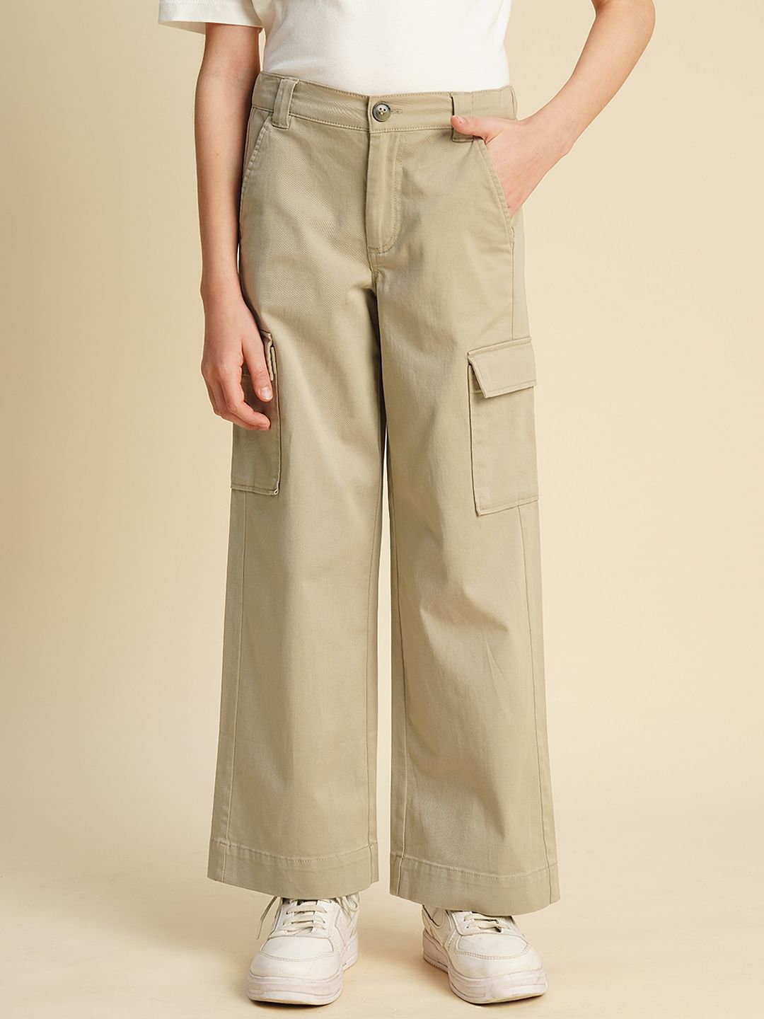 Girls Brown Wide Leg Cargo Pants