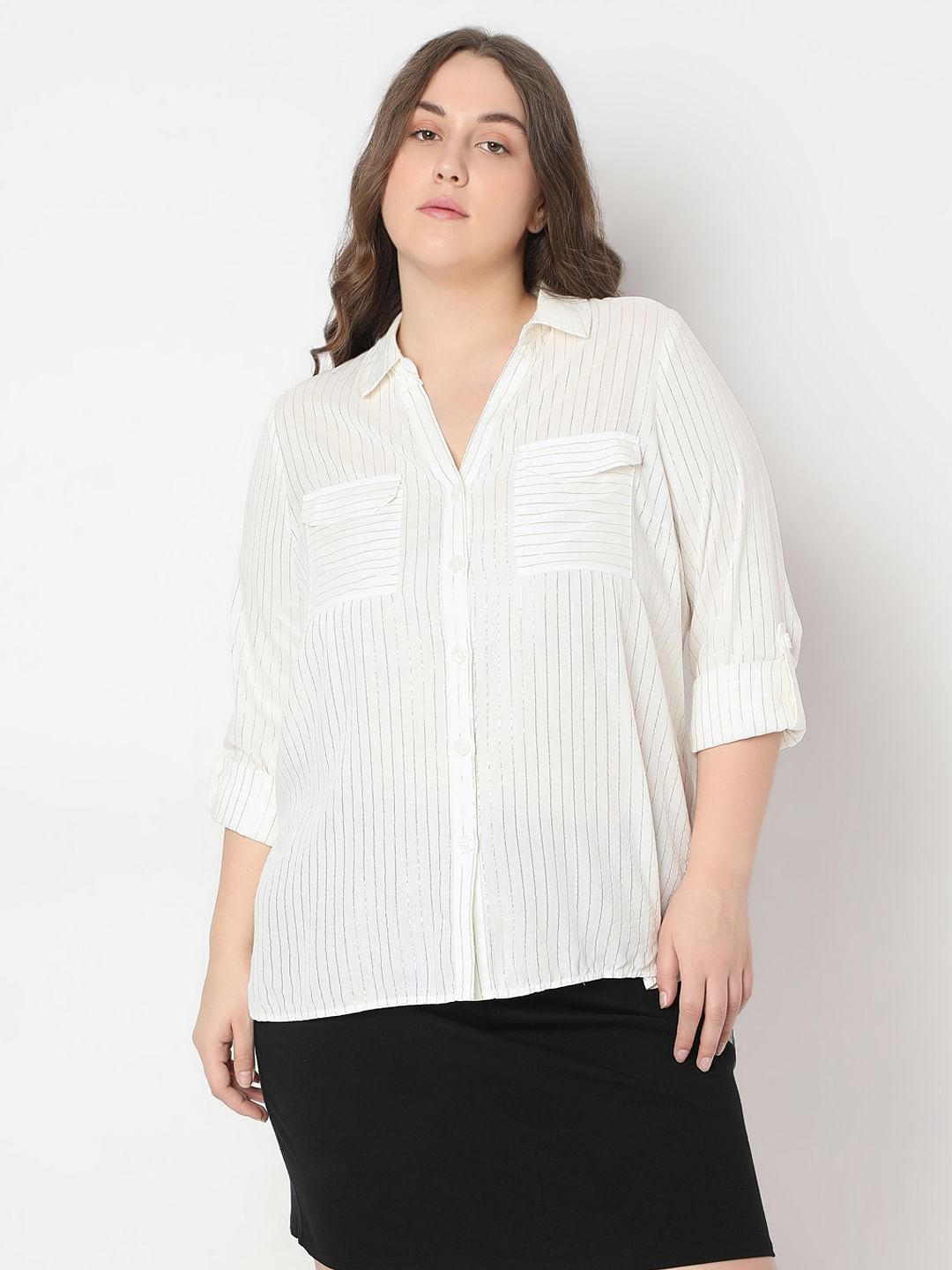 Curve White Glitter Striped Shirt