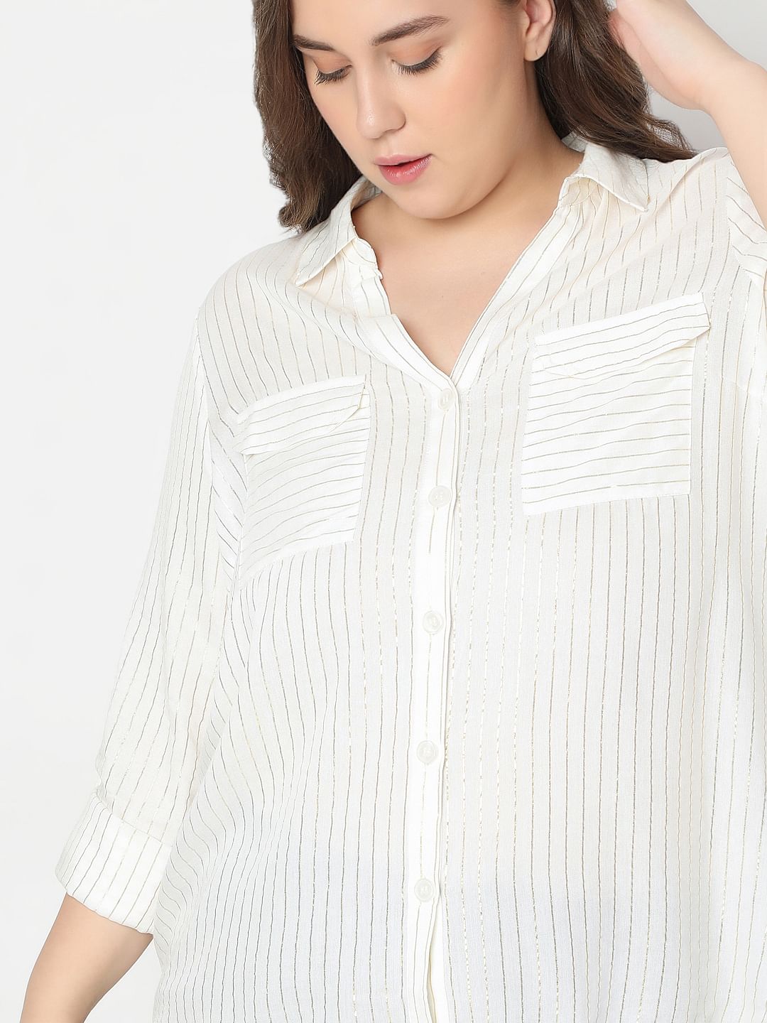 Curve White Glitter Striped Shirt