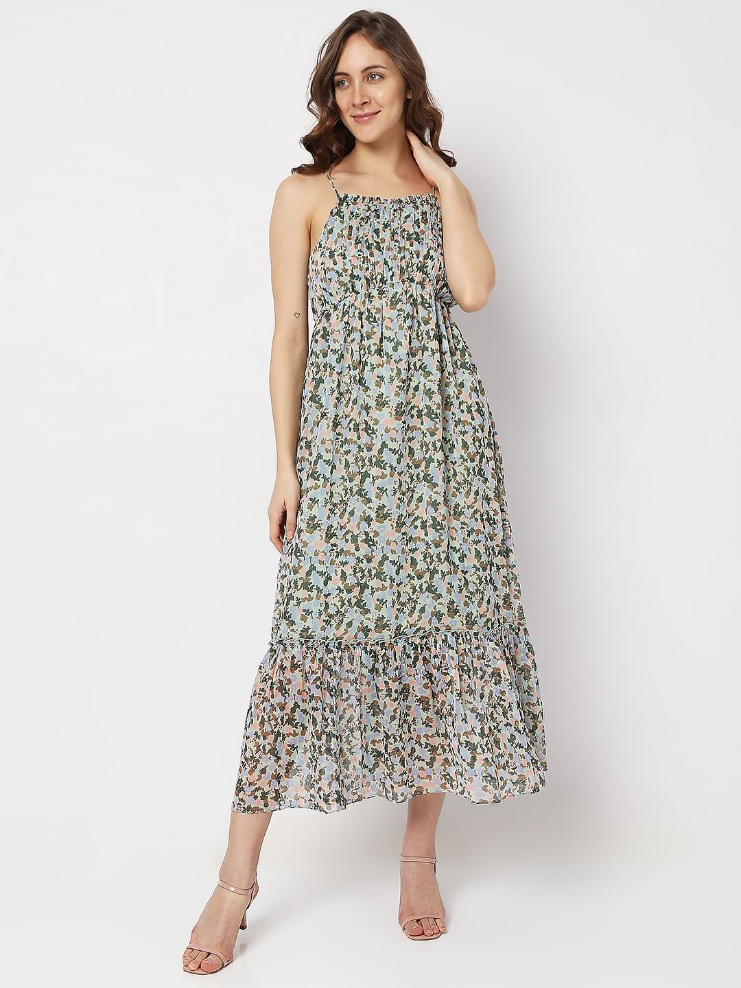 Green Floral Tiered Midi Dress