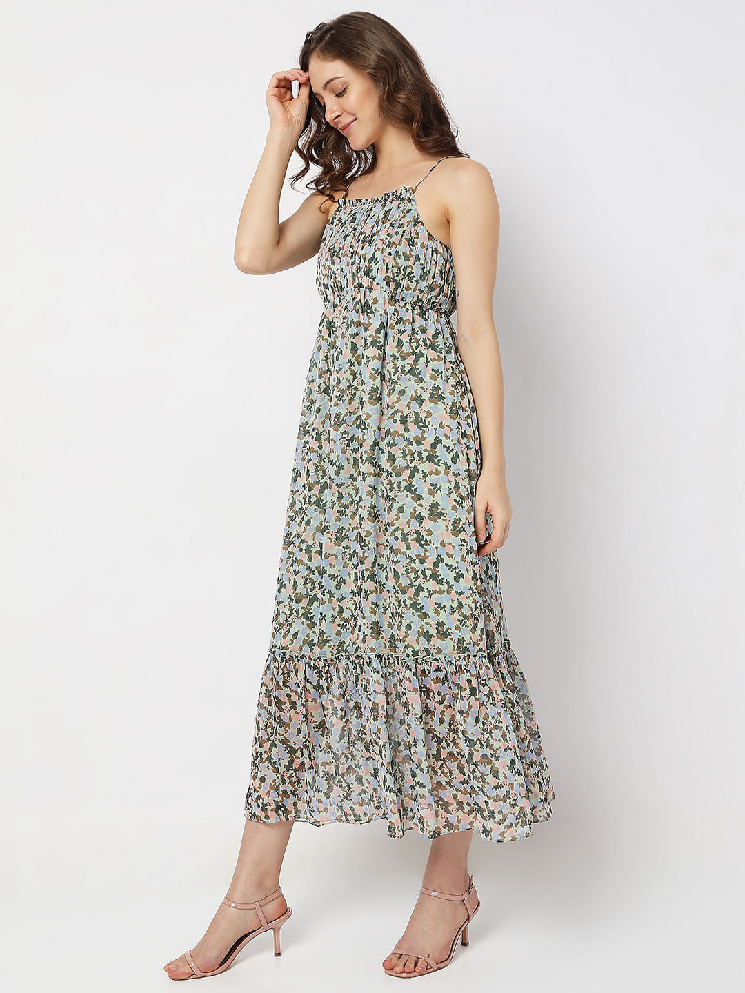 Green Floral Tiered Midi Dress