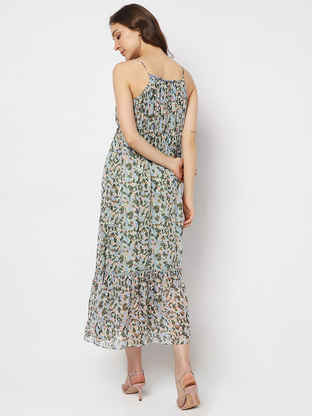 Green Floral Tiered Midi Dress