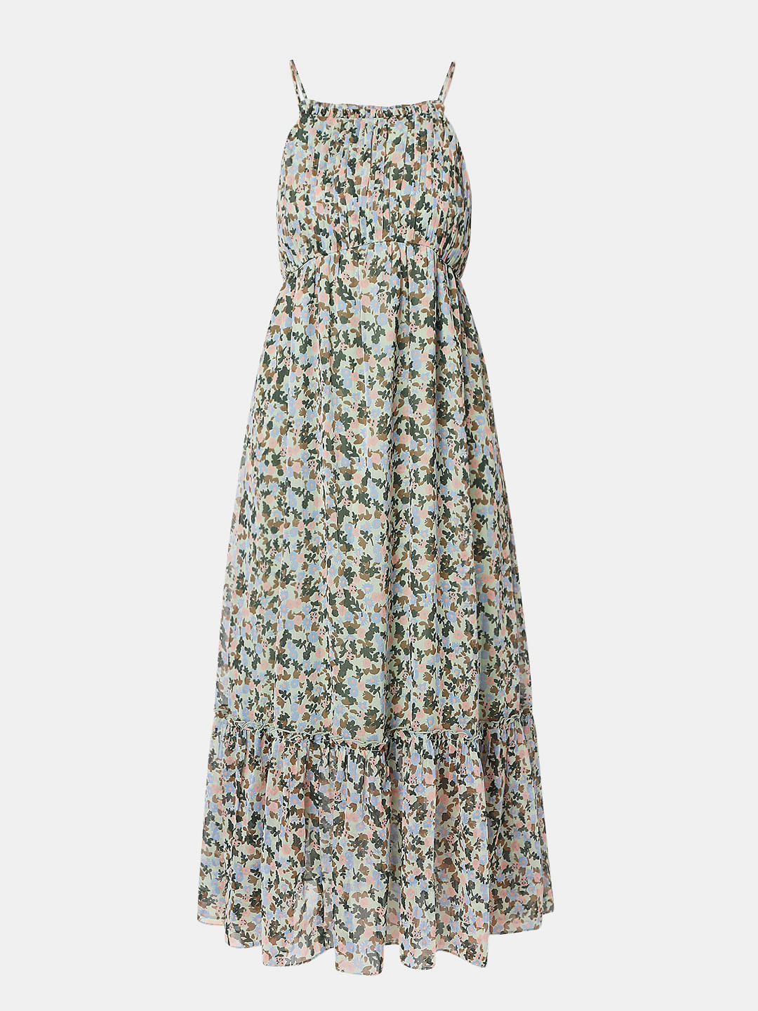 Green Floral Tiered Midi Dress