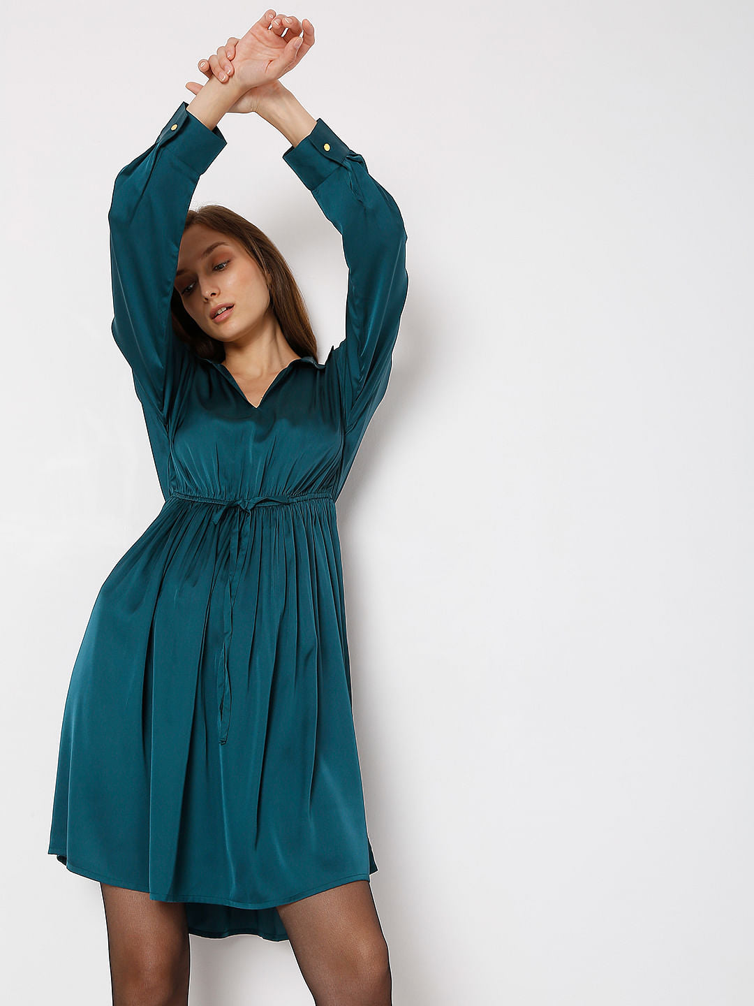 Deep Teal Satin Fit & Flare Dress