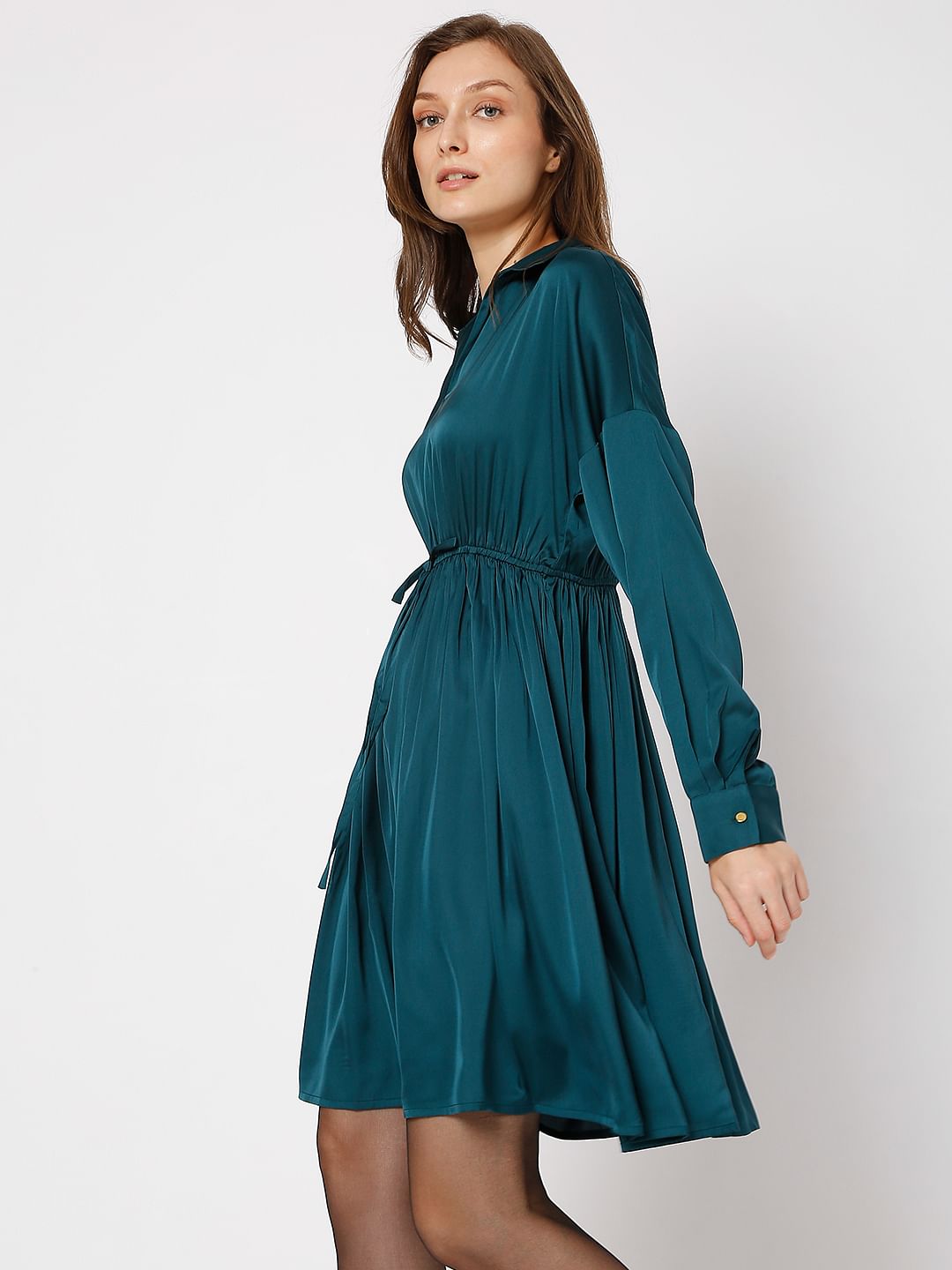 Deep Teal Satin Fit & Flare Dress