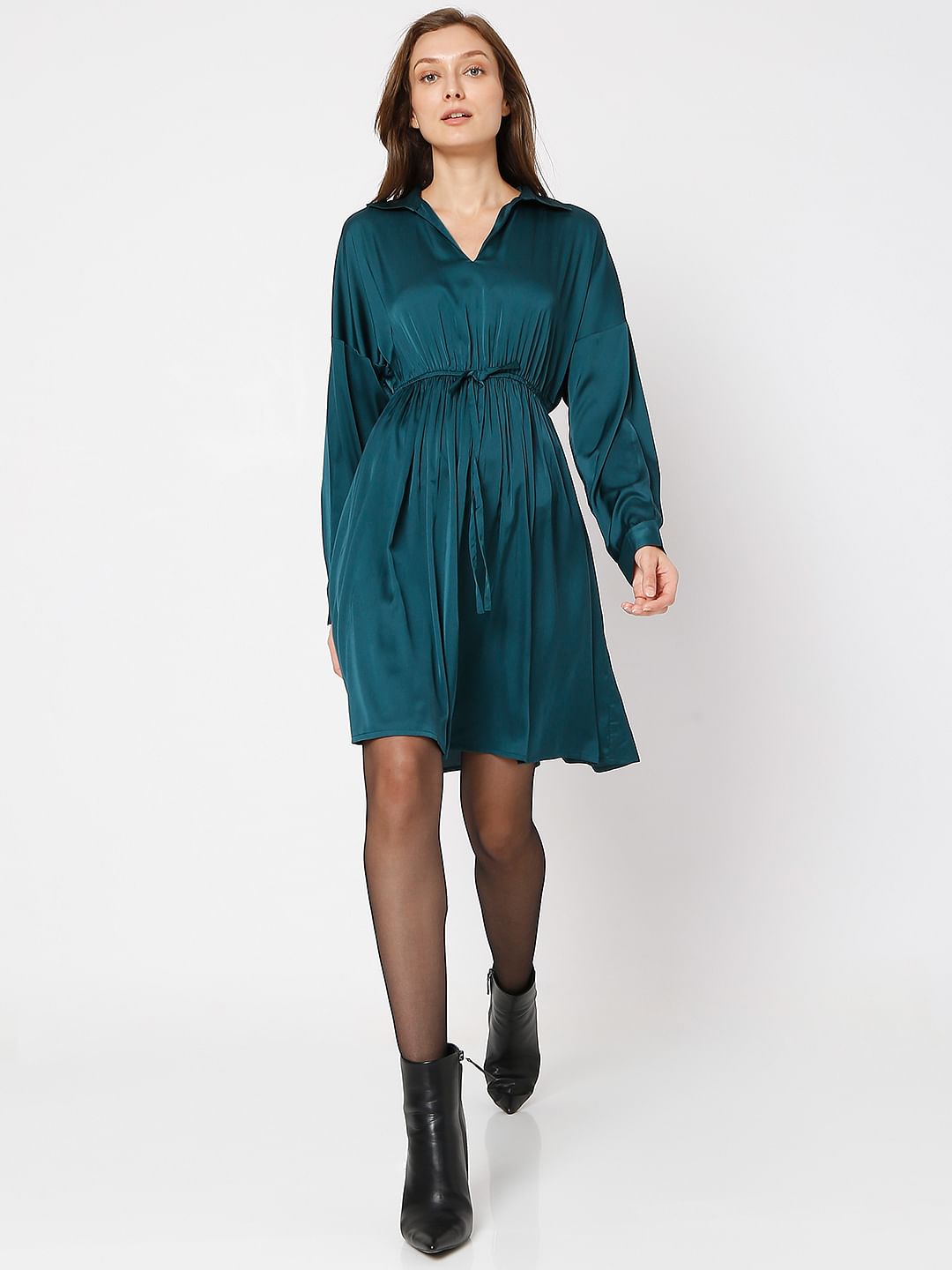 Deep Teal Satin Fit & Flare Dress