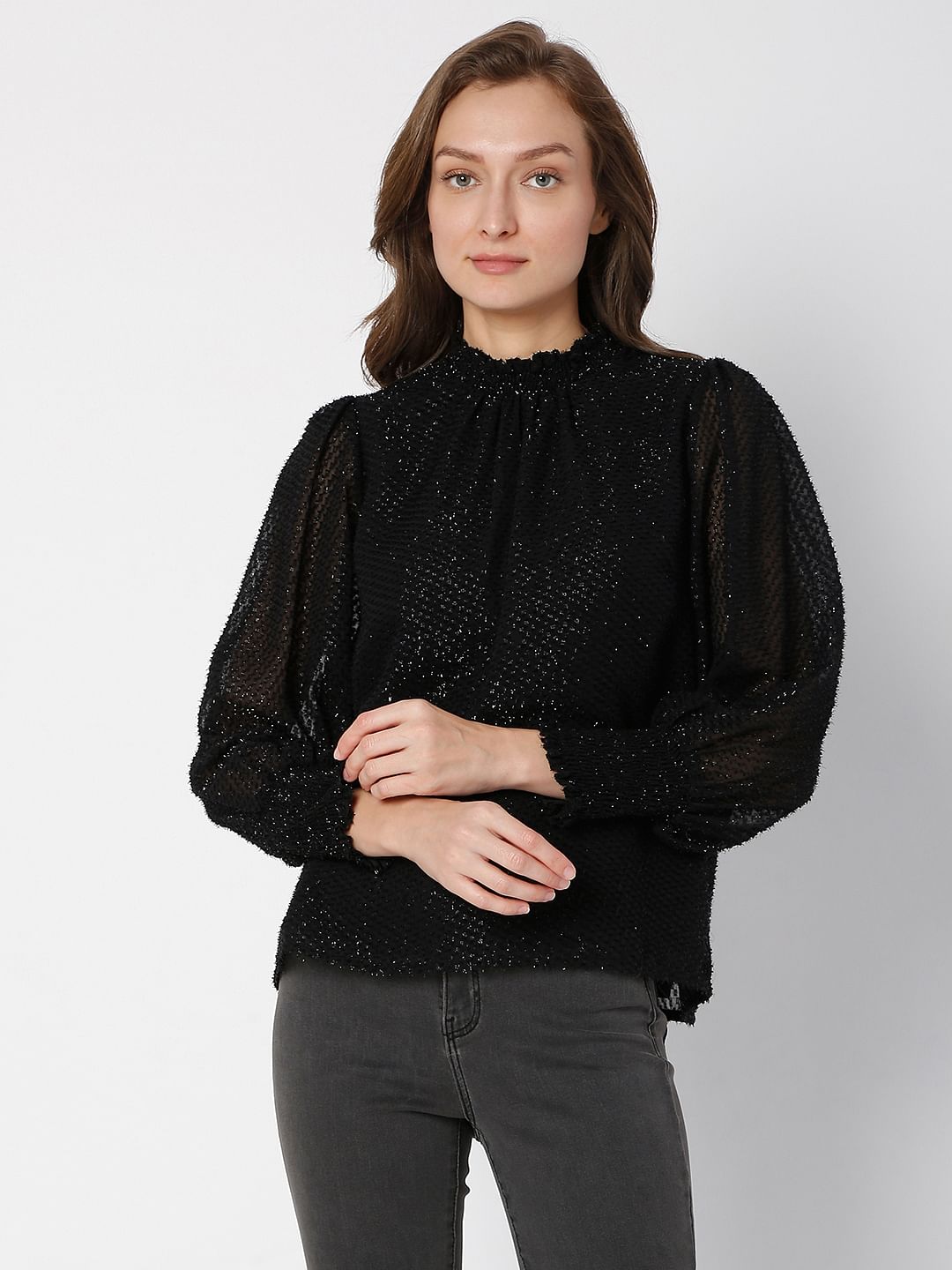 Black Shimmer High-Neck Top