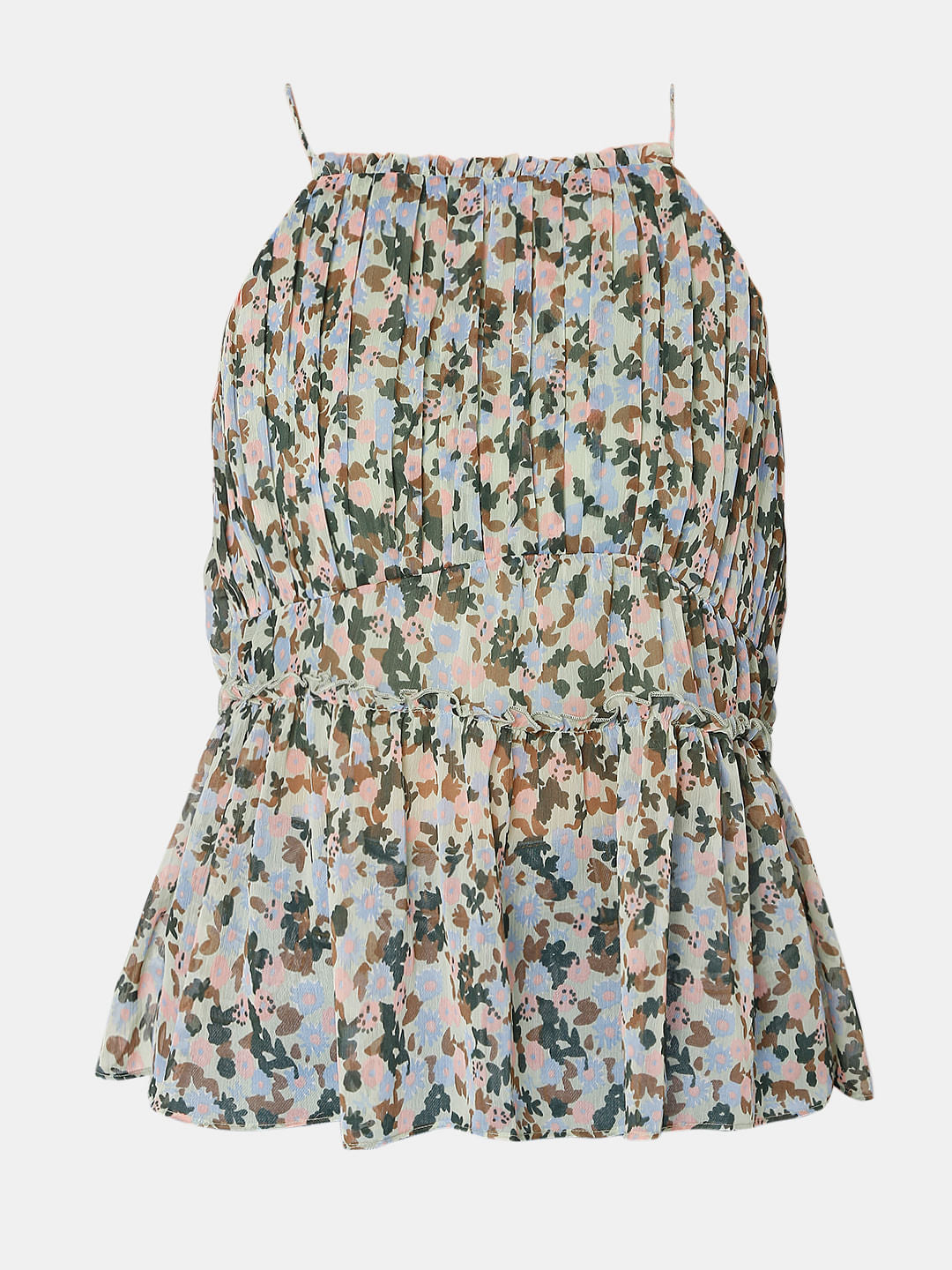 Green Floral Pleated Strap Top