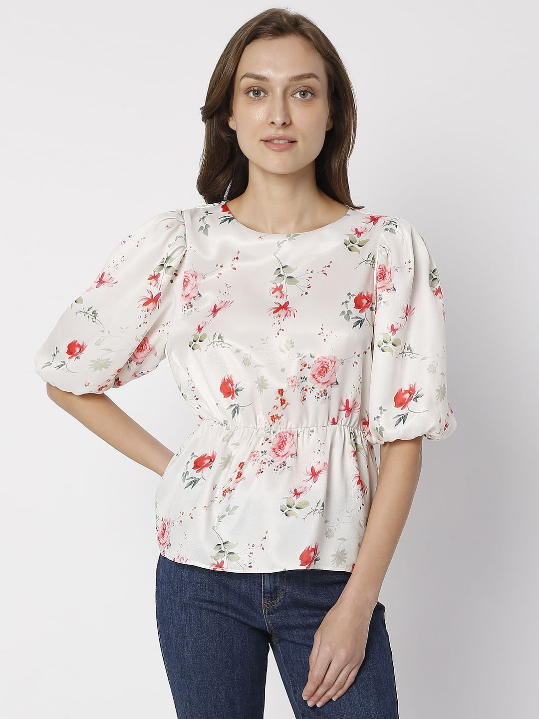 White Floral Print Top