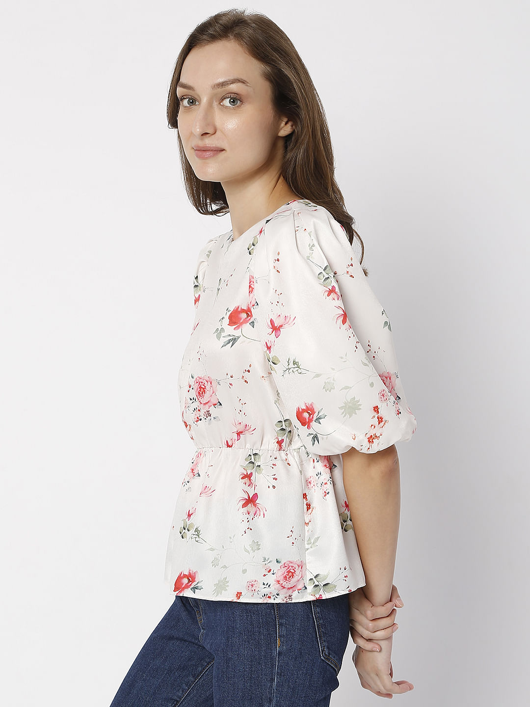 White Floral Print Top