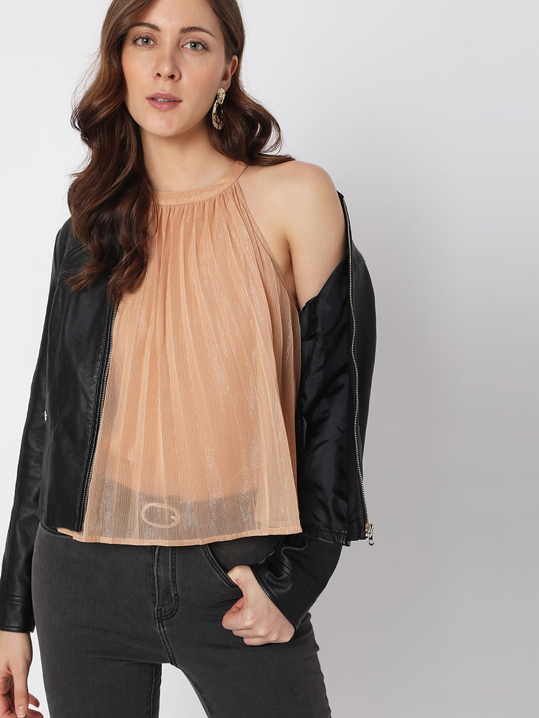 Beige Halter Neck Shimmer Top