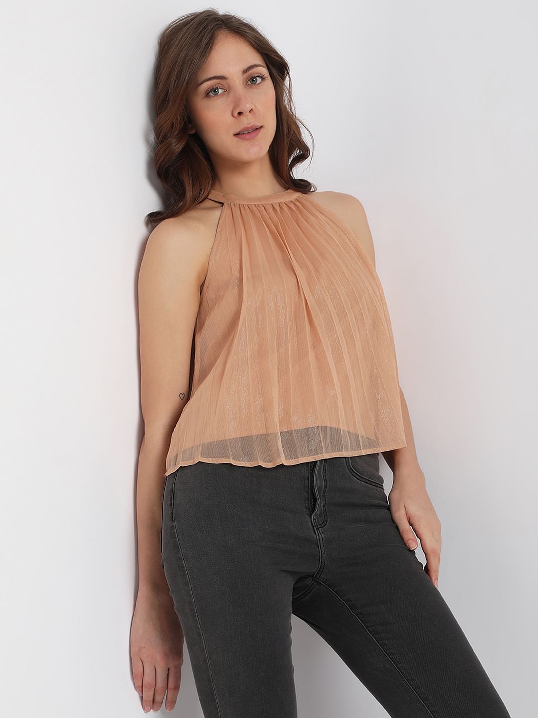 Beige Halter Neck Shimmer Top