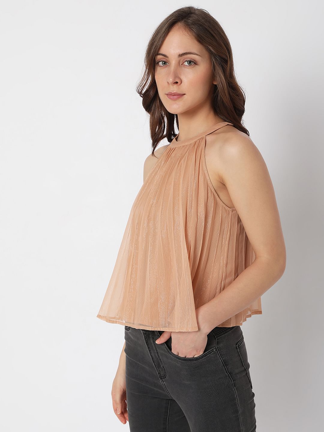 Beige Halter Neck Shimmer Top