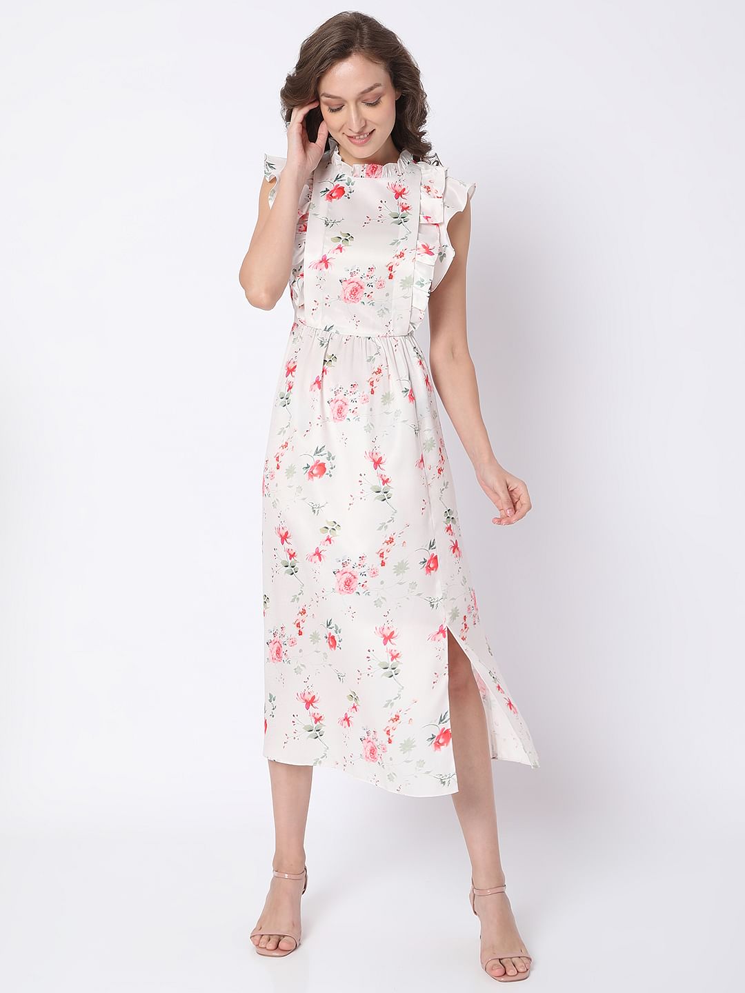 White Floral Print Midi Dress