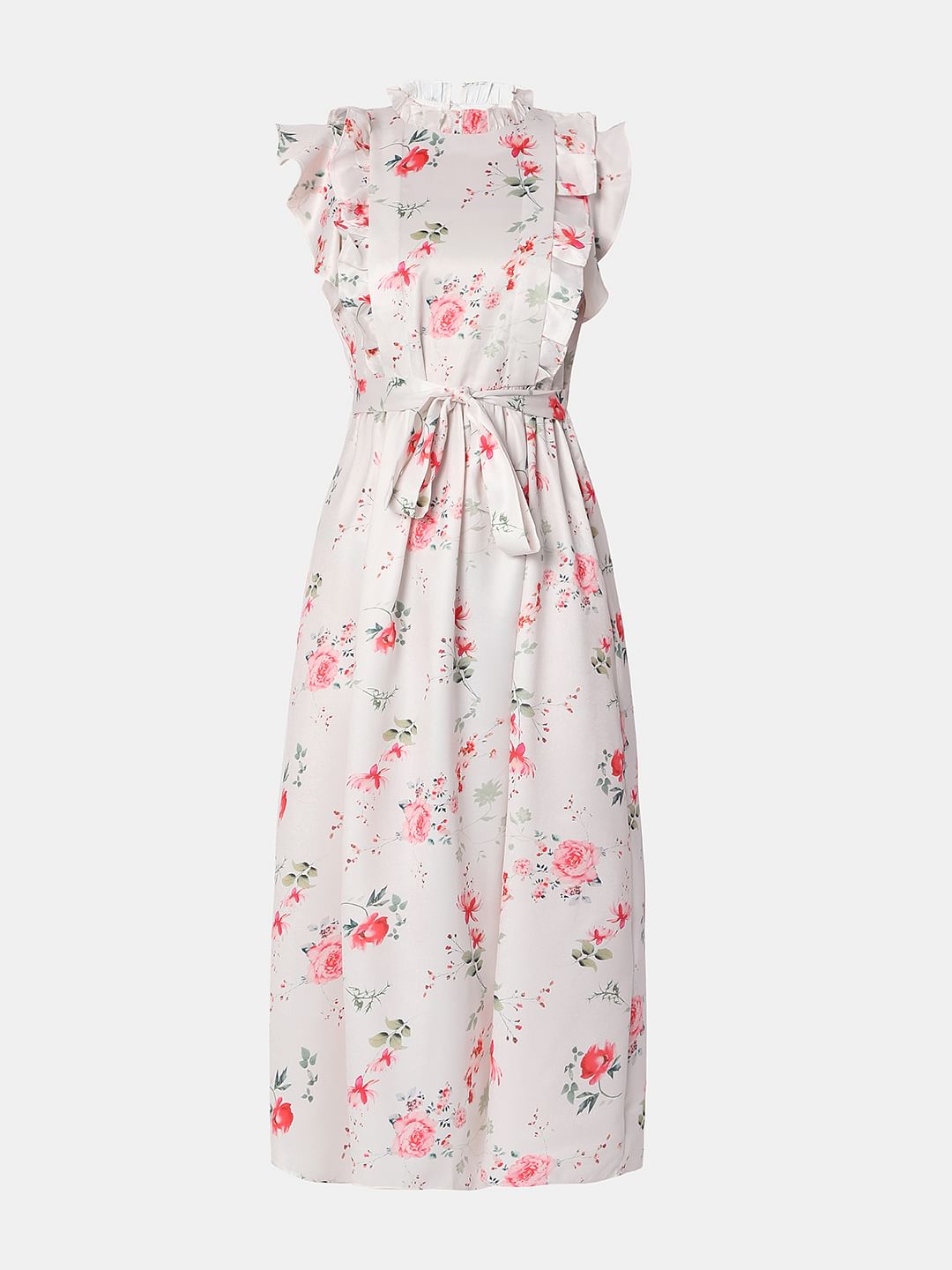 White Floral Print Midi Dress
