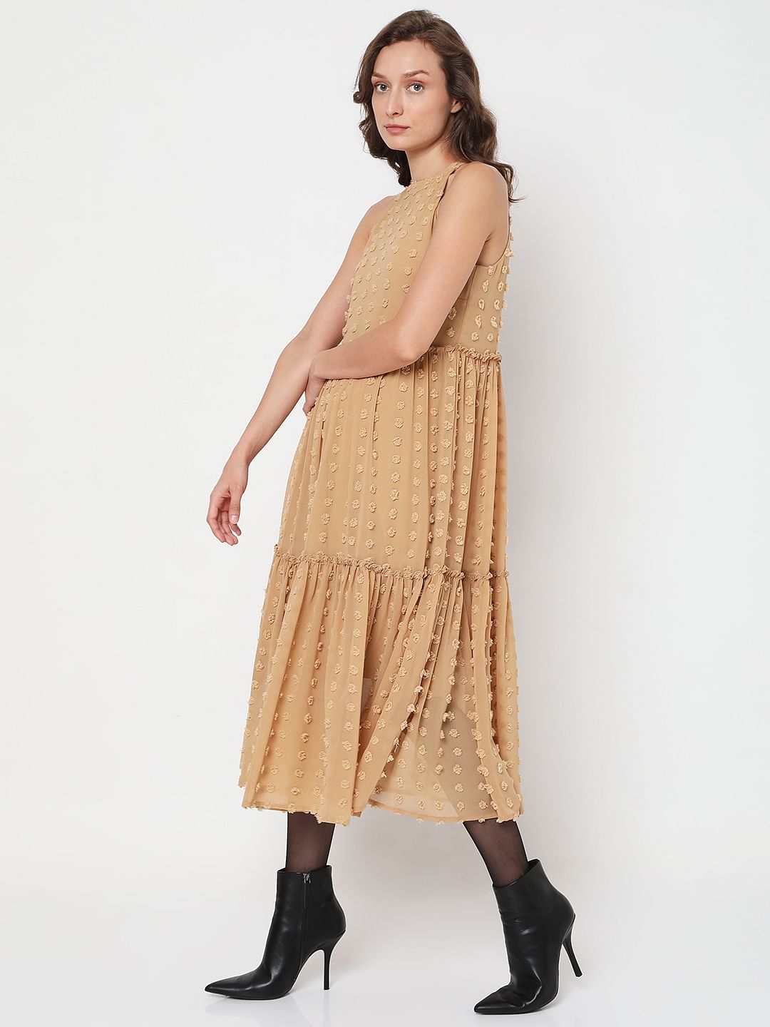 Beige Dobby Midi Dress