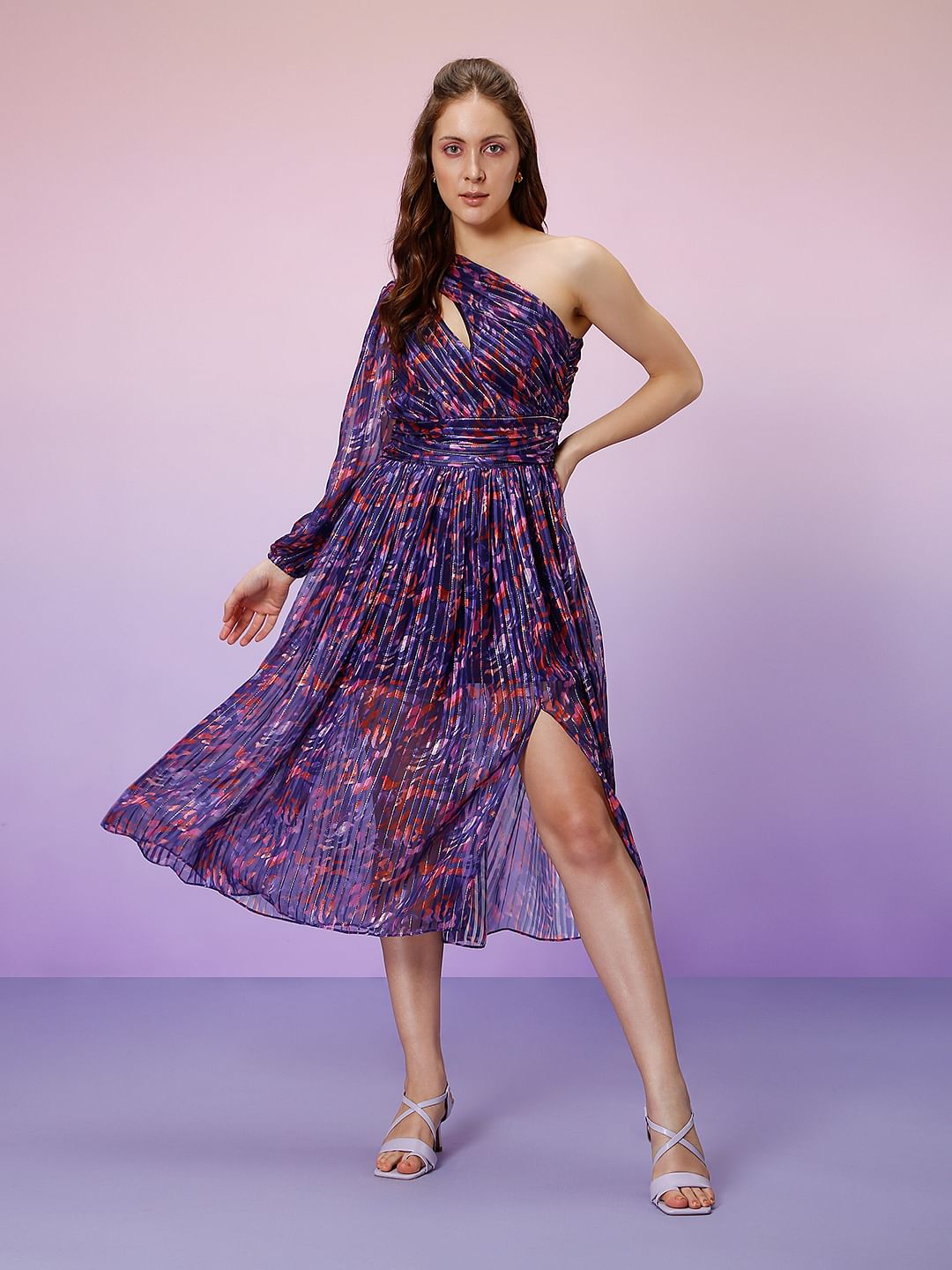 Marquee Blue Printed One Shoulder Midi Dress