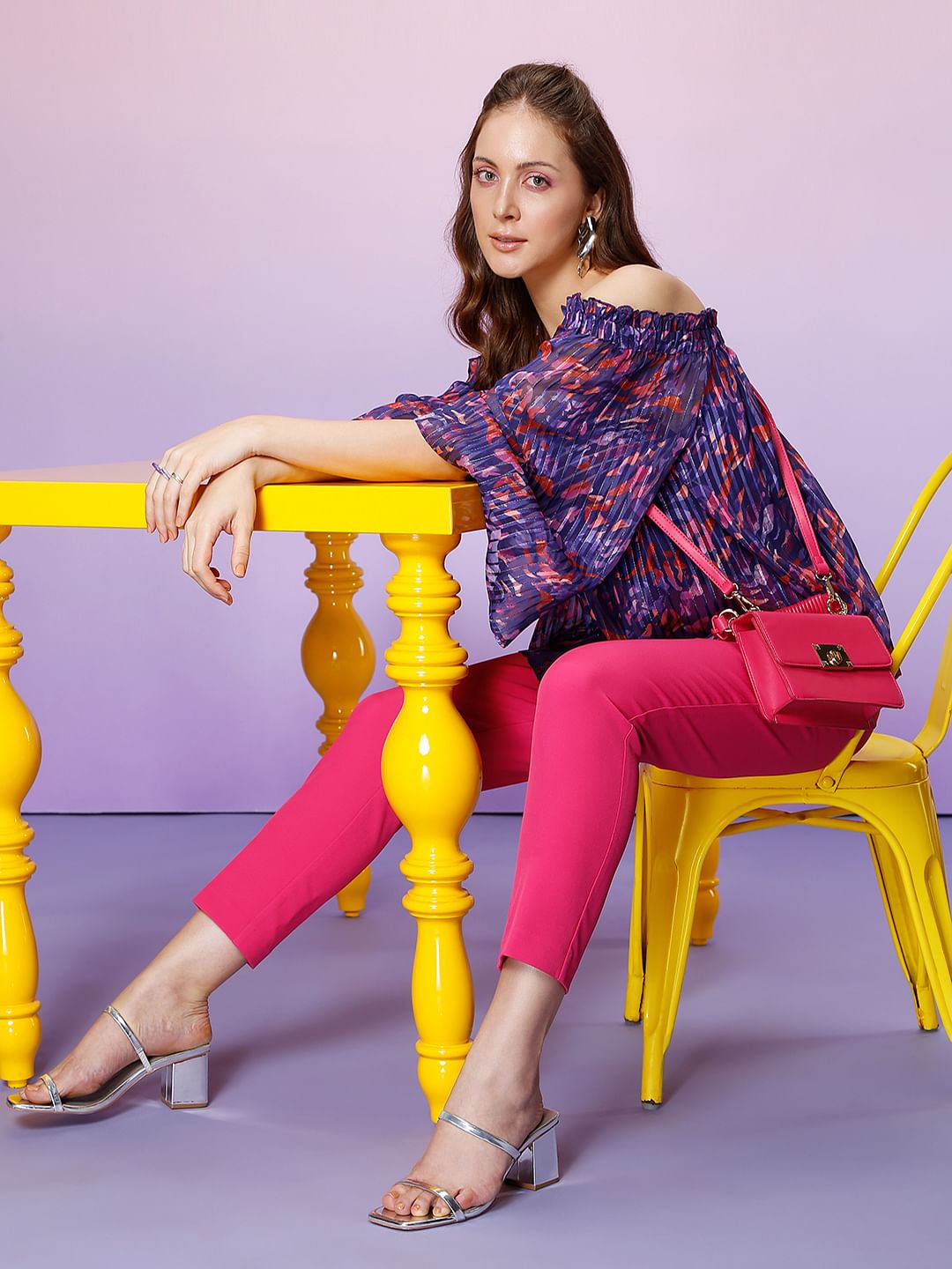 Marquee Blue Printed Off Shoulder Top