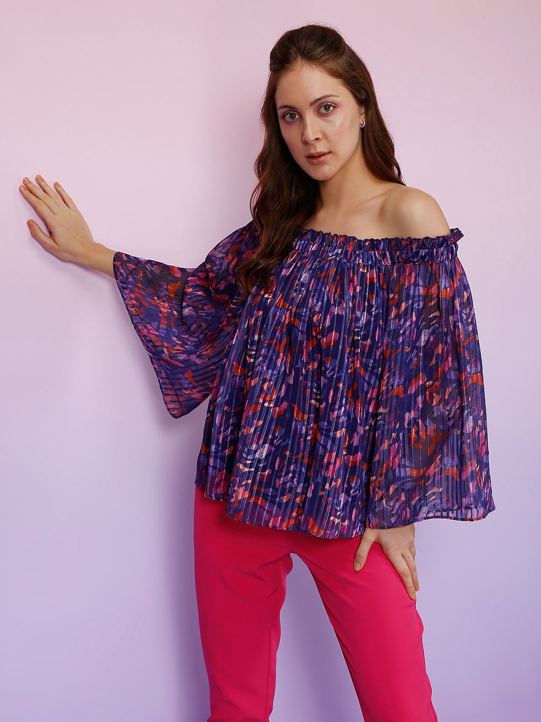 Marquee Blue Printed Off Shoulder Top