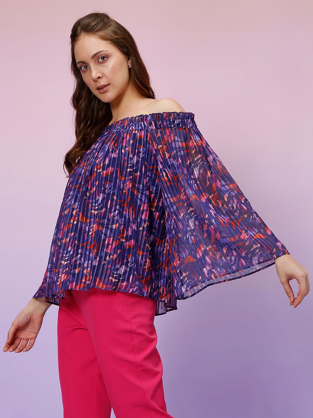 Marquee Blue Printed Off Shoulder Top