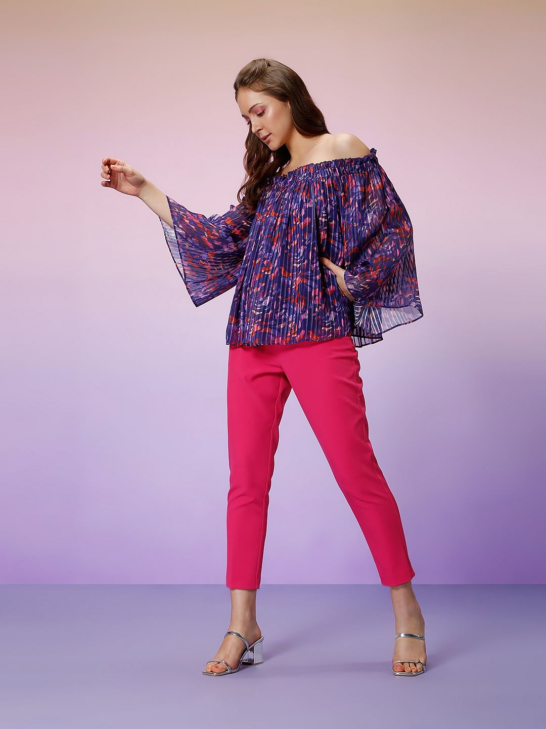 Marquee Blue Printed Off Shoulder Top