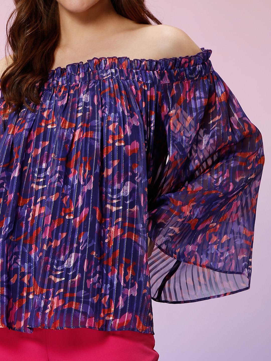 Marquee Blue Printed Off Shoulder Top