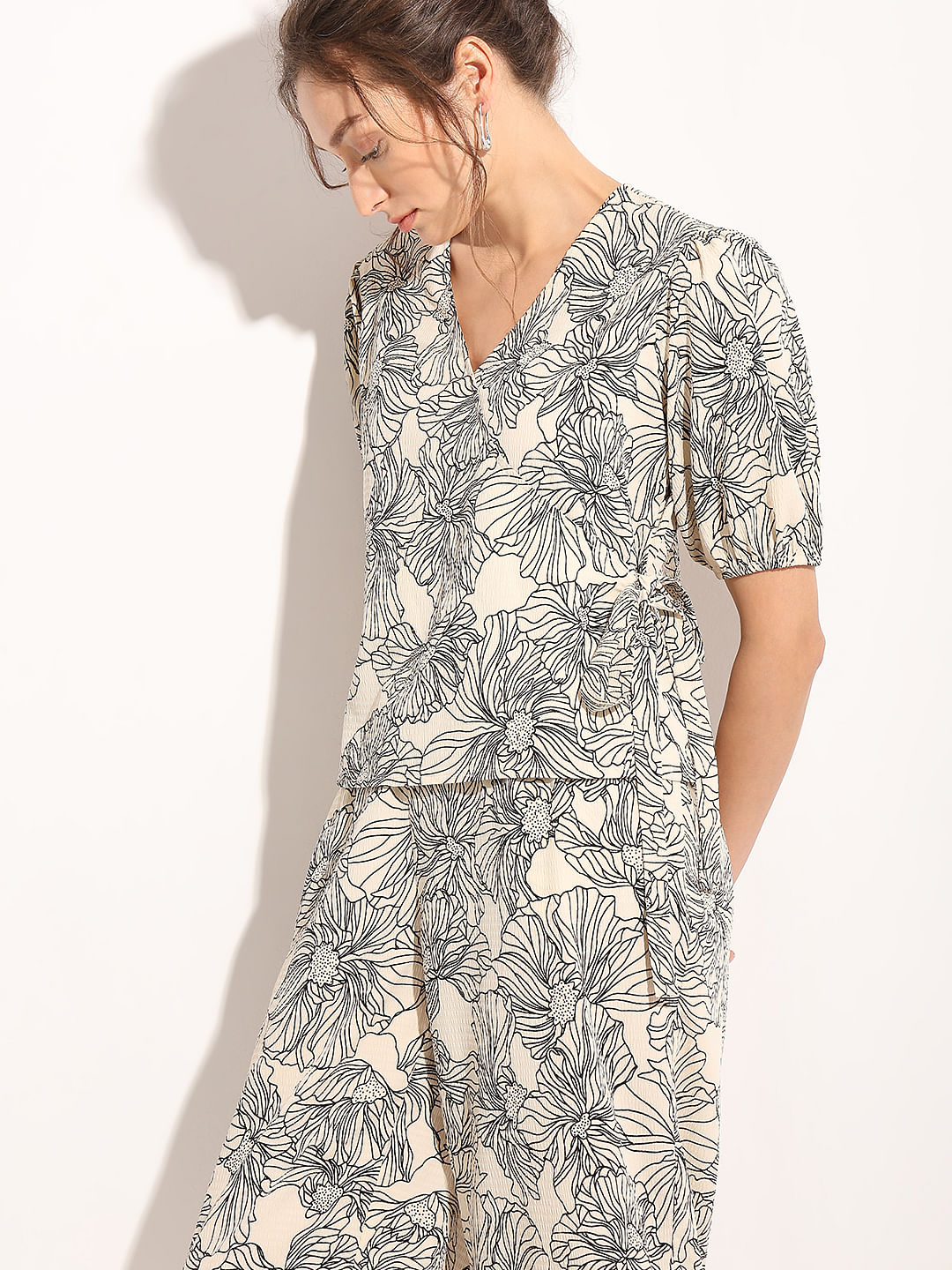 Beige Floral Co-Ord Set Top